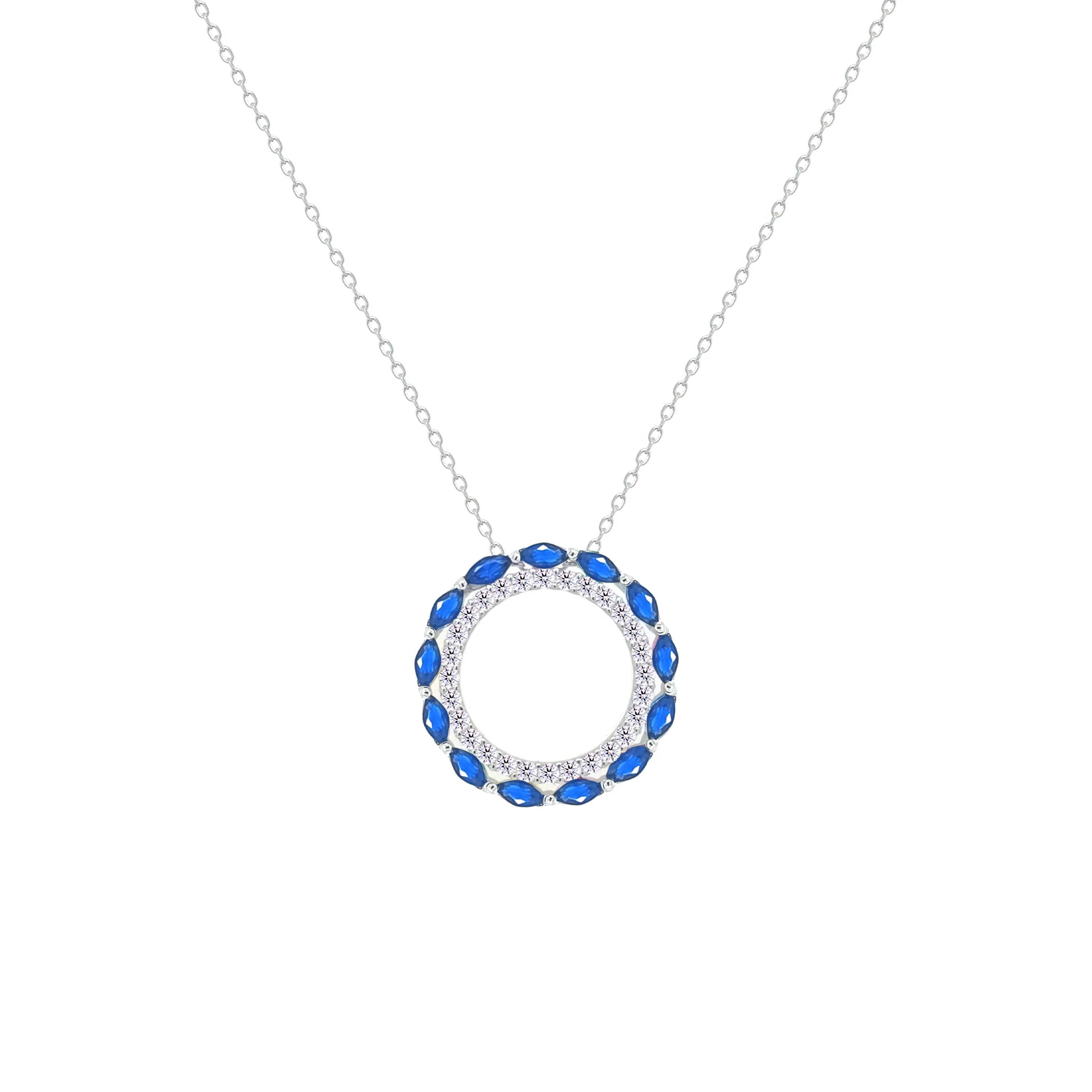 Asfour Crystal Chain Necklace With Hollow Blue Round Pendant In 925 Sterling Silver-NM0096-WB - Image 2