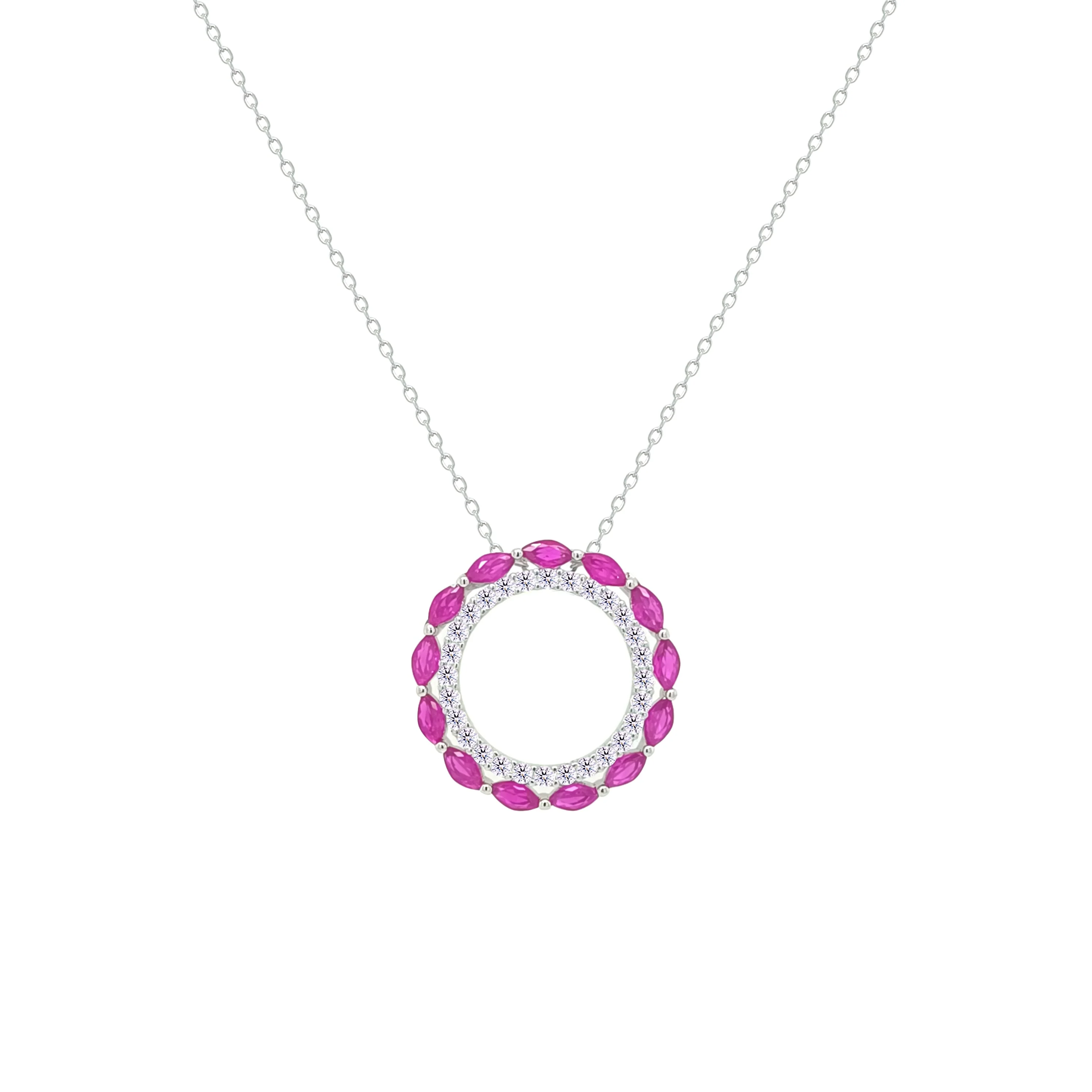 Asfour Crystal Chain Necklace With Hollow Fuchsia Round Pendant In 925 Sterling Silver-NM0096-WF - Image 2