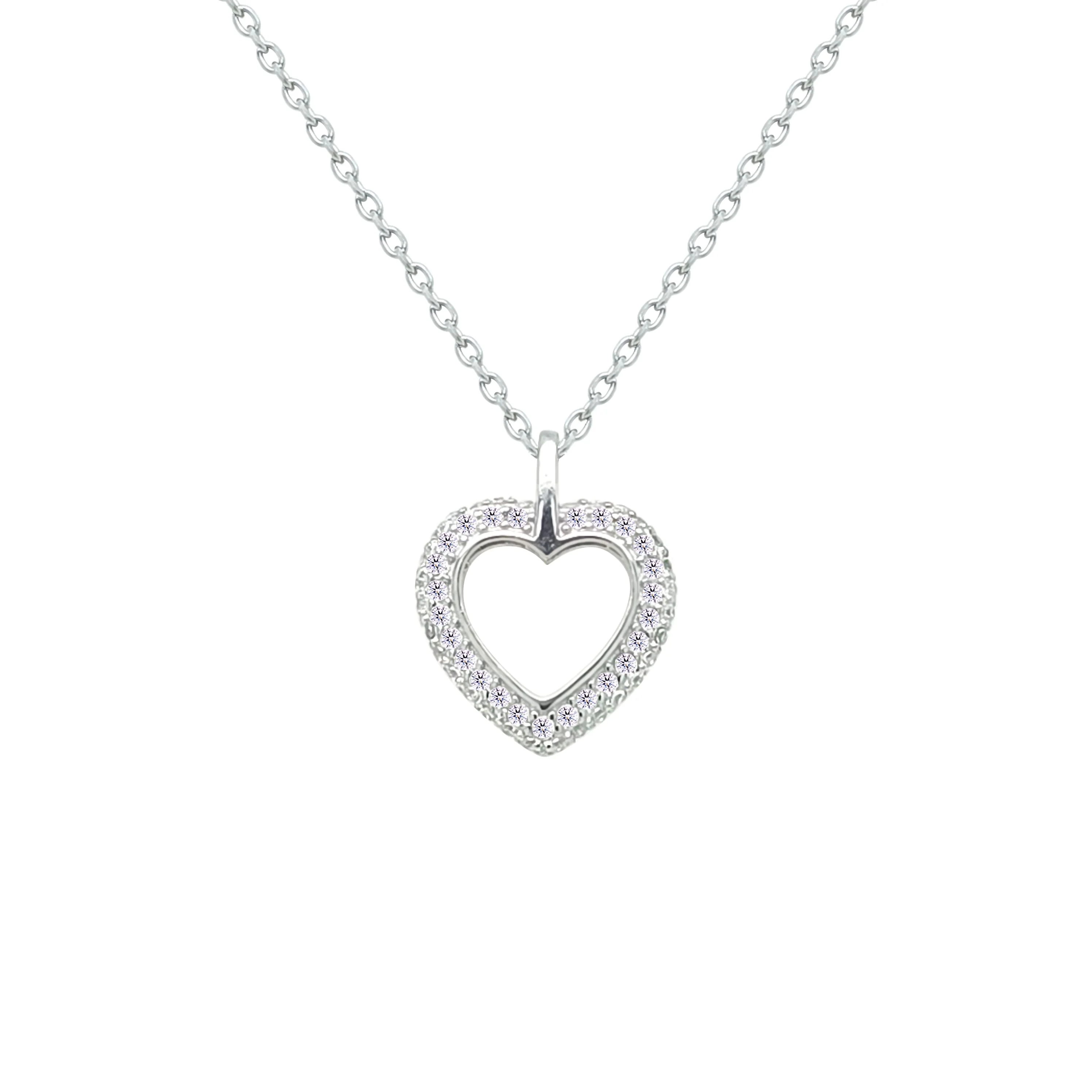 Asfour Crystal Chain Necklace With Hollow Heart Pendant In 925 Sterling Silver-NM0084