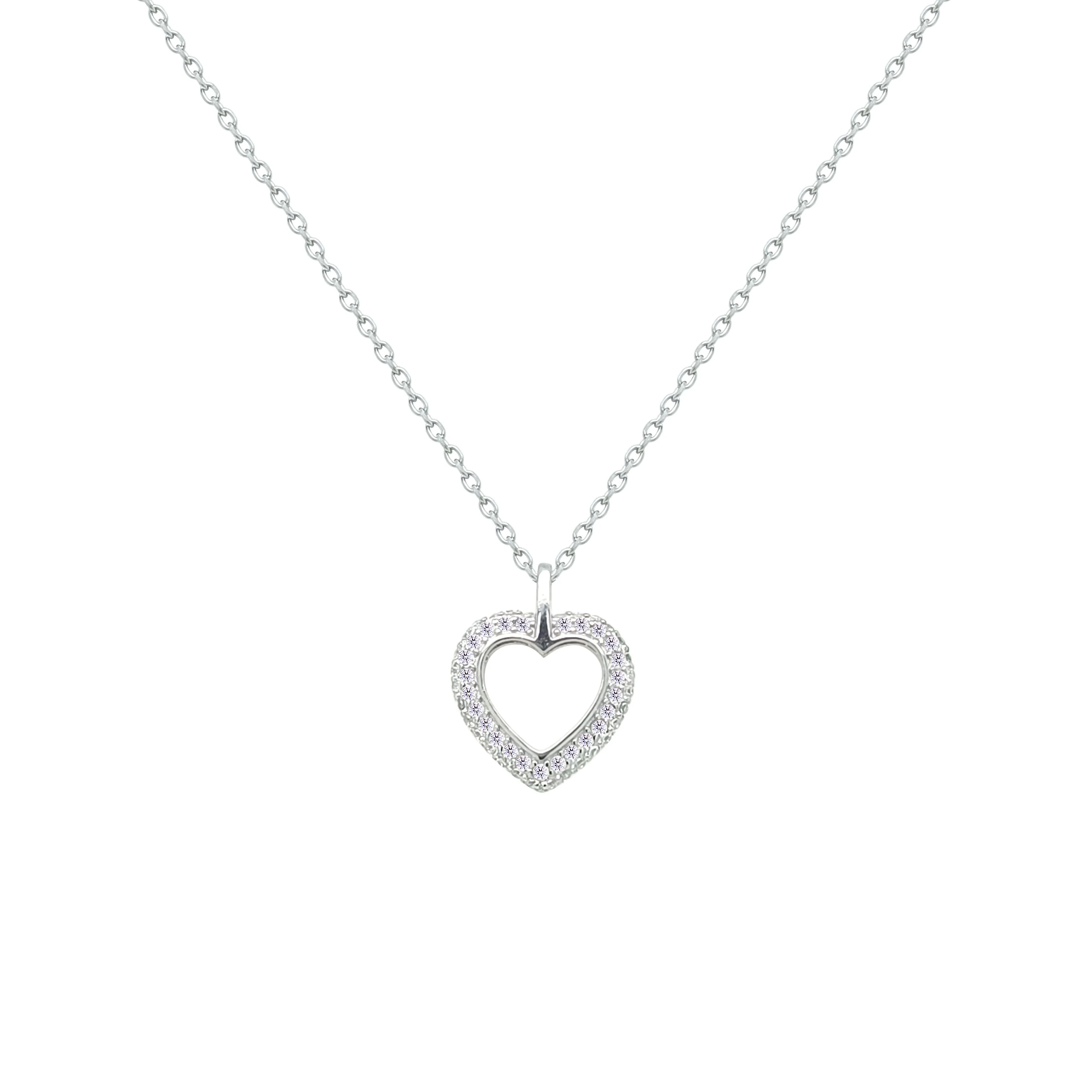 Asfour Crystal Chain Necklace With Hollow Heart Pendant In 925 Sterling Silver-NM0084 - Image 2