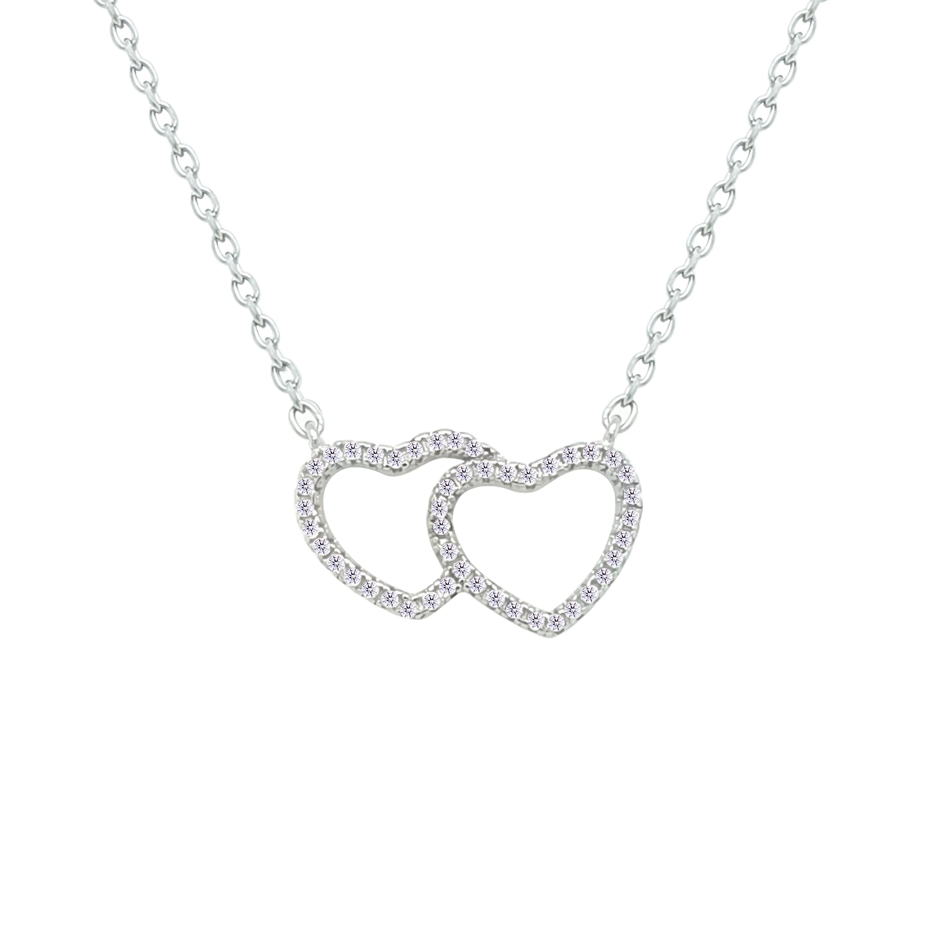 Asfour Crystal Chain Necklace With Hollow Hearts Pendant In 925 Sterling Silver-NM0083