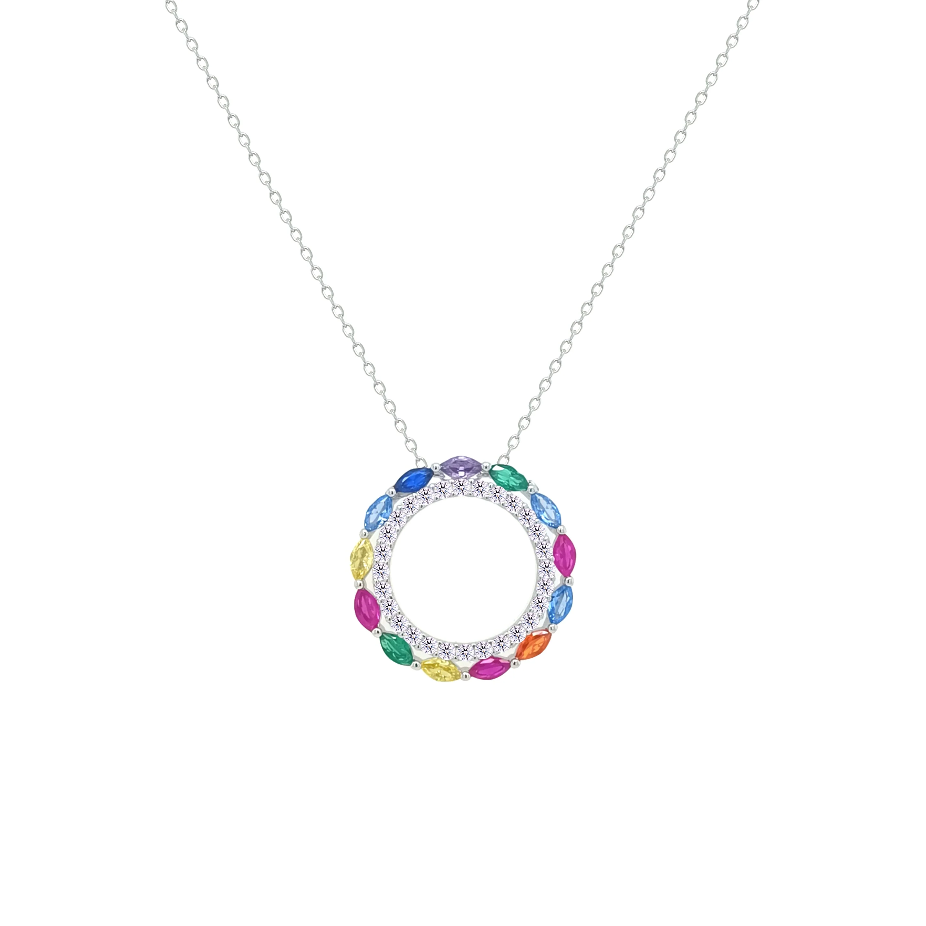 Asfour Crystal Chain Necklace With Hollow Multi Color Round Pendant In 925 Sterling Silver-NM0096-K - Image 2