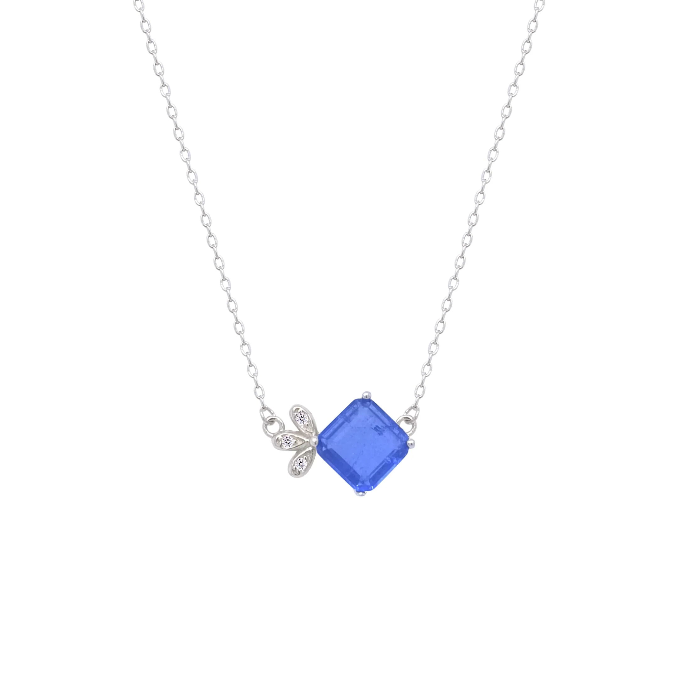 Asfour Crystal Chain Necklace With Light Blue Square Pendant In 925 Sterling Silver-ND0452-LB - Image 2