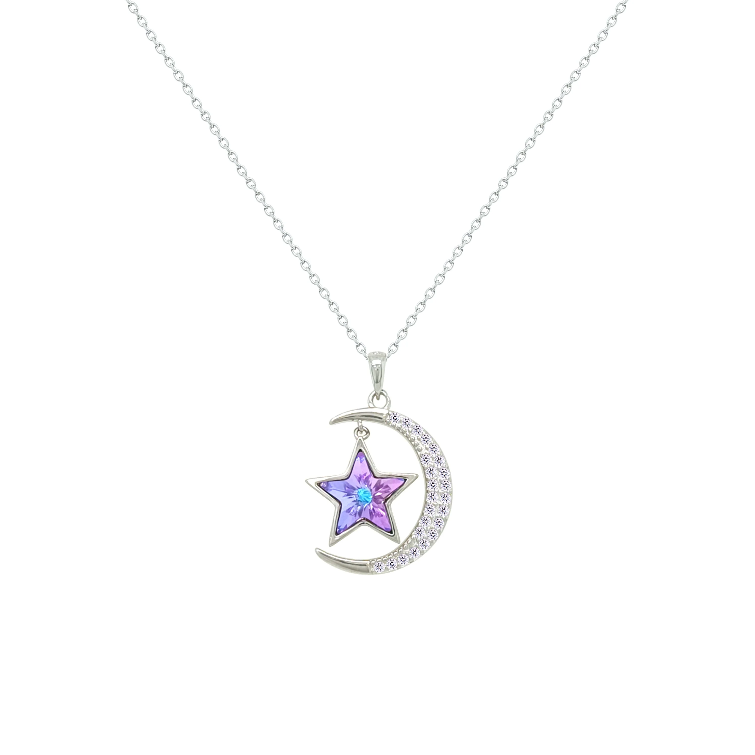 Asfour Crystal Chain Necklace With Muti Color Crescent & Star Design In 925 Sterling Silver-NM0093-WXBN - Image 2