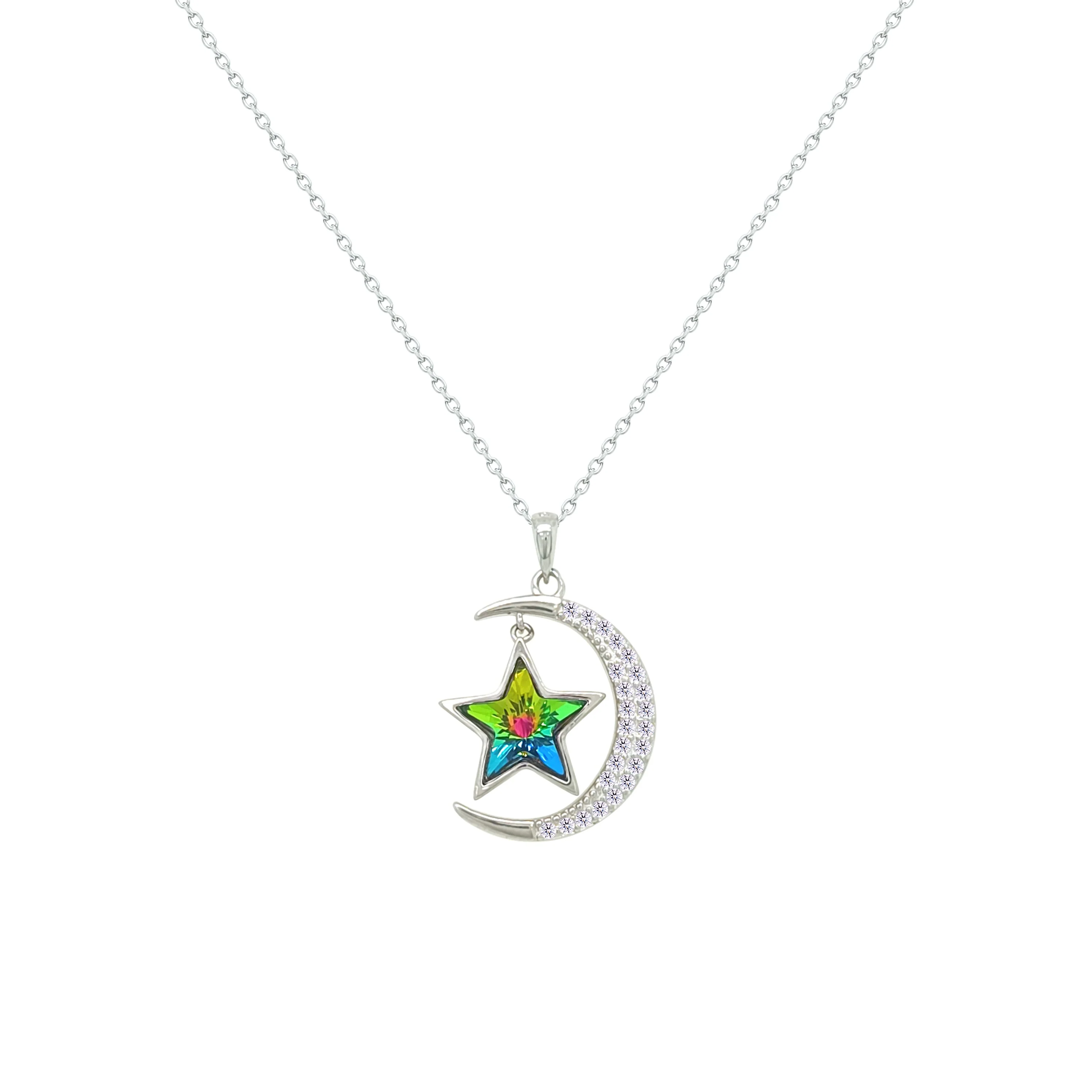 Asfour Crystal Chain Necklace With Muti Color Crescent & Star Design In 925 Sterling Silver-NM0093-WXBNY - Image 2
