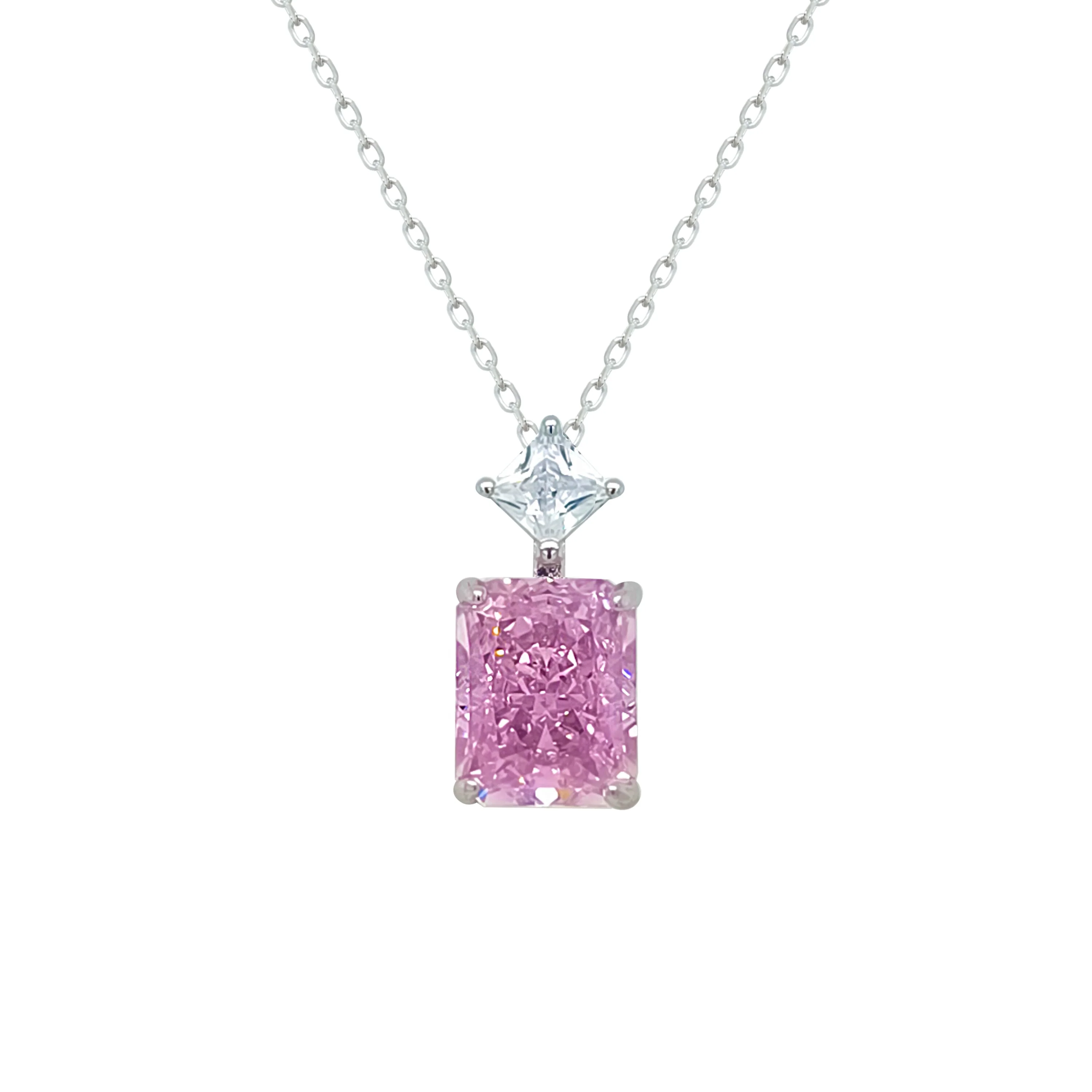 Asfour Crystal Chain Necklace With Rose Emerald Pendant In 925 Sterling Silver-ND0557-O