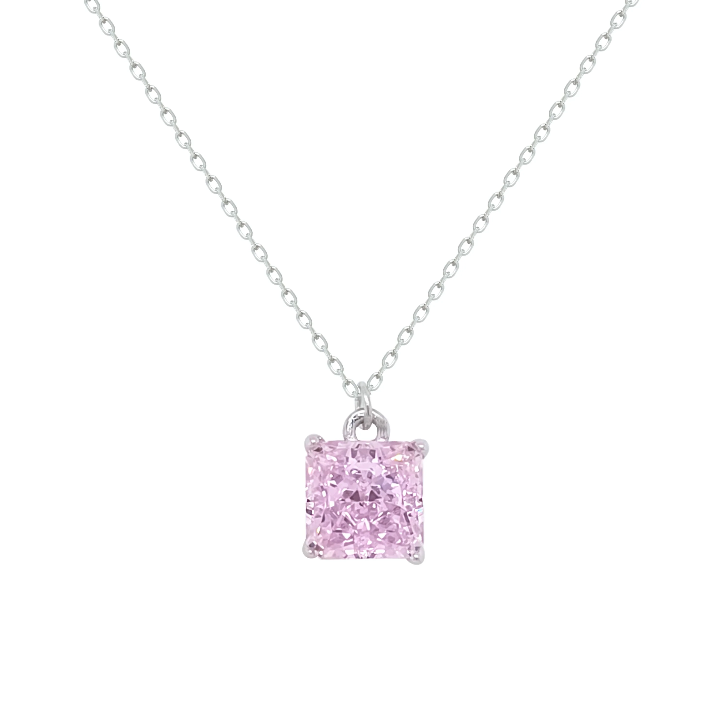 Asfour Crystal Chain Necklace With Rose Square Pendant In 925 Sterling Silver-ND0561-O
