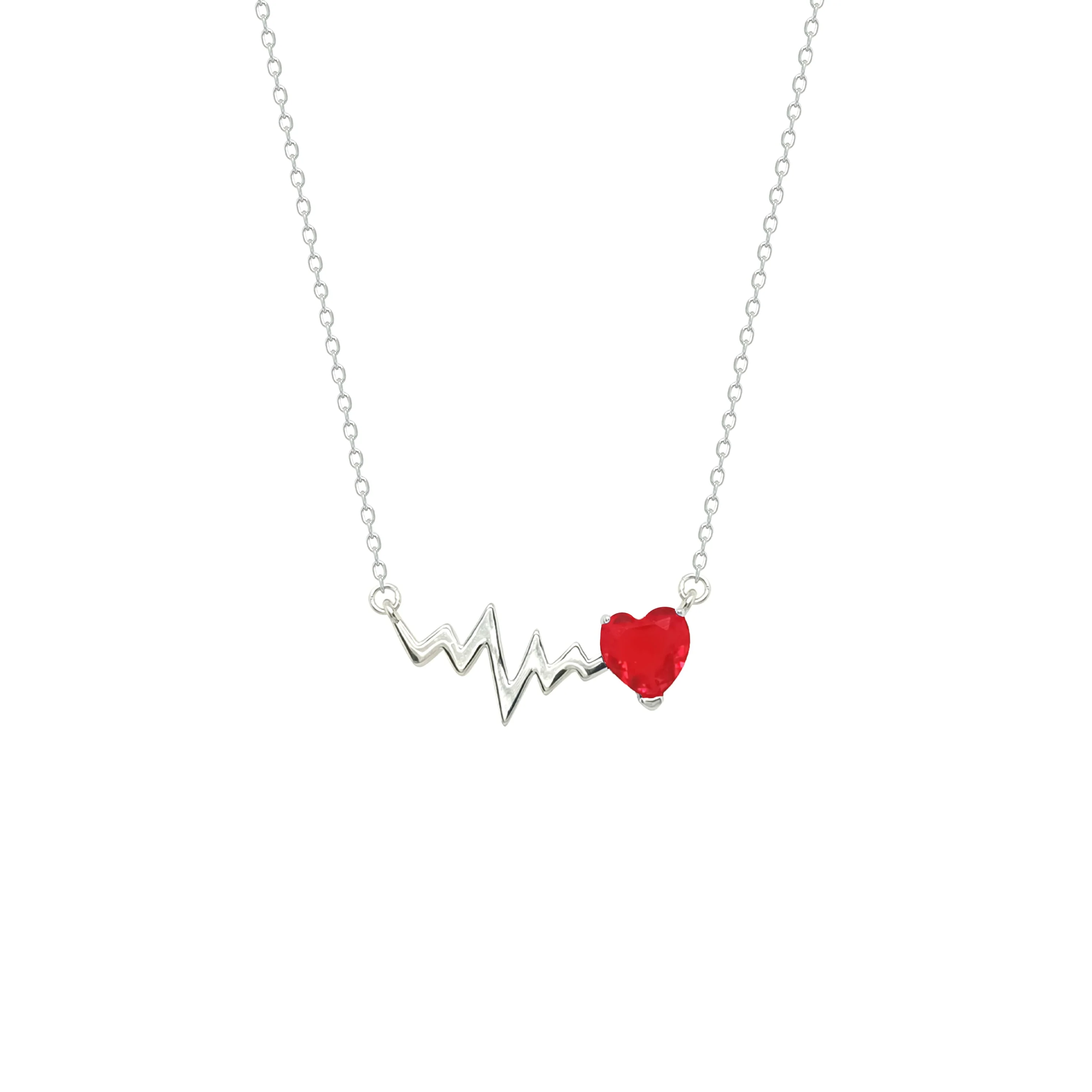 Asfour Crystal Chain Necklace With Ruby Heart & Heartbeat Pendant In 925 Sterling Silver-NM079-R - Image 2