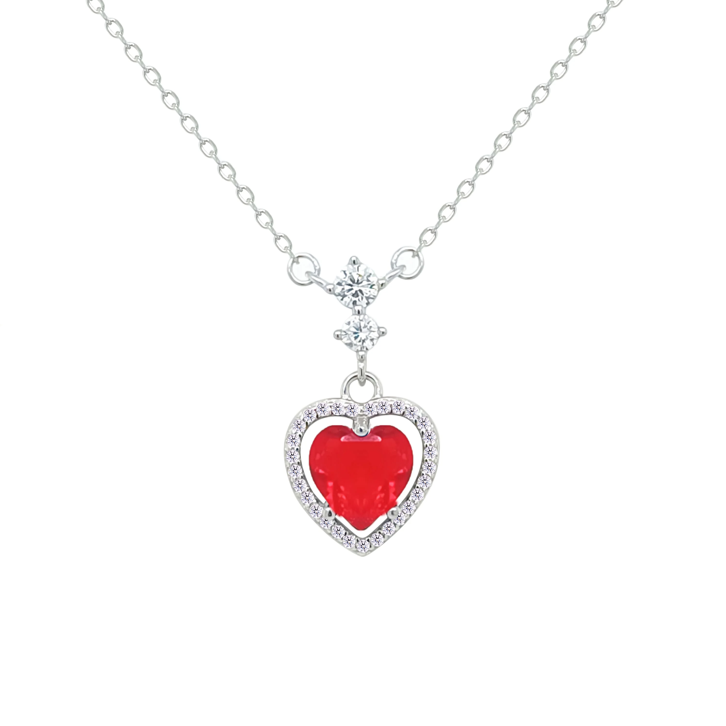 Asfour Crystal Chain Necklace With Ruby Heart Pendant In 925 Sterling Silver-NM0073-R