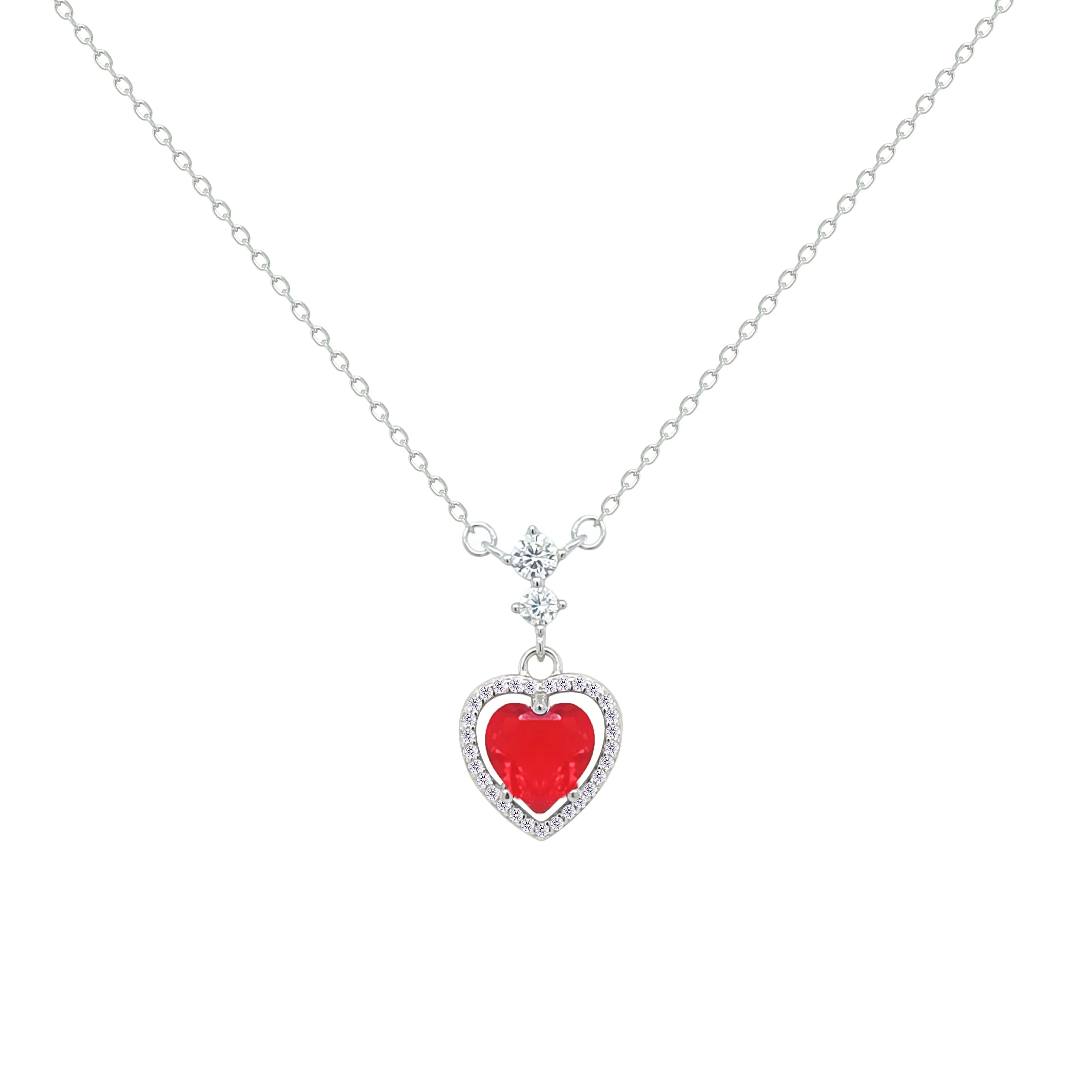Asfour Crystal Chain Necklace With Ruby Heart Pendant In 925 Sterling Silver-NM0073-R - Image 2