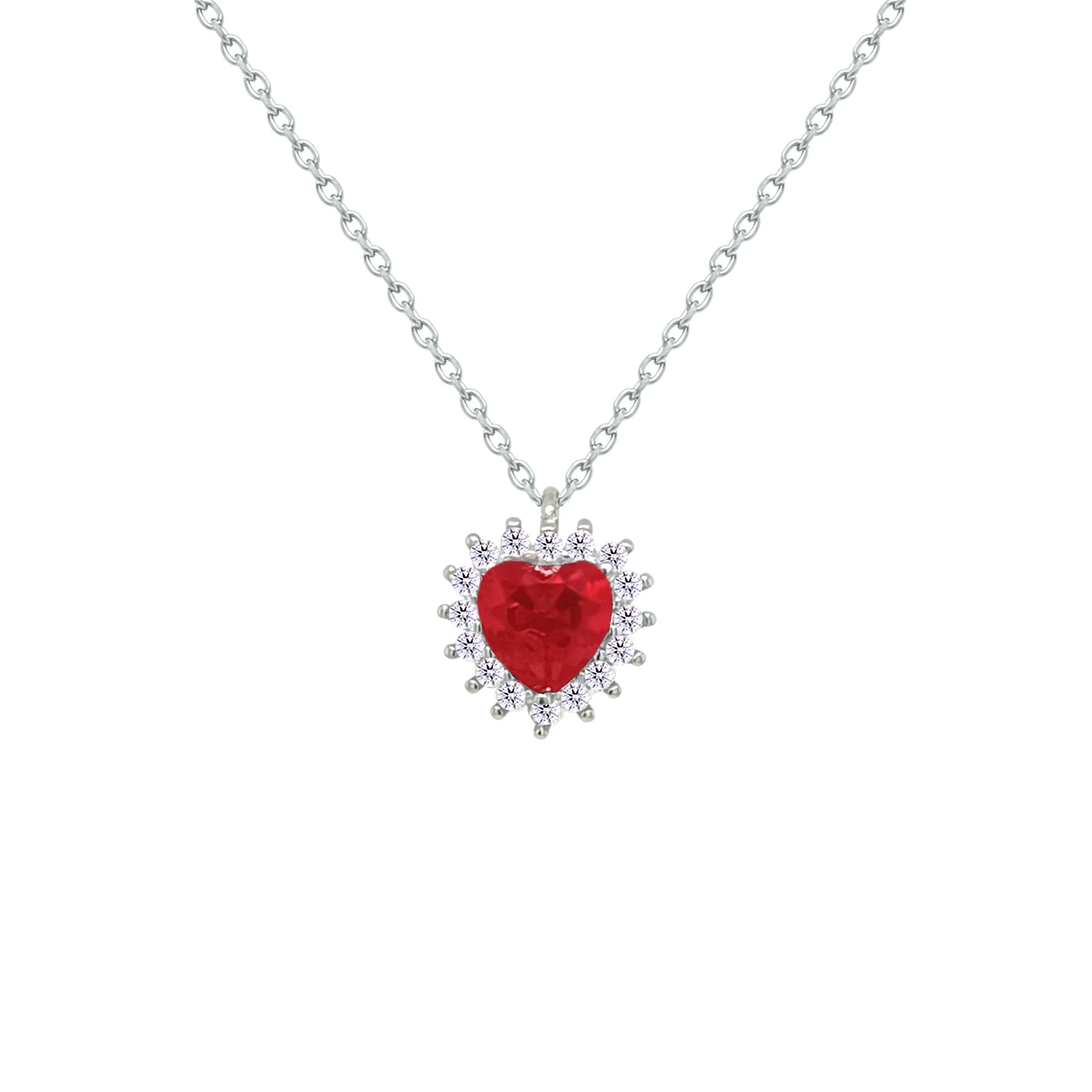 Asfour Crystal Chain Necklace With Ruby Heart Pendant In 925 Sterling Silver-NM0088-R