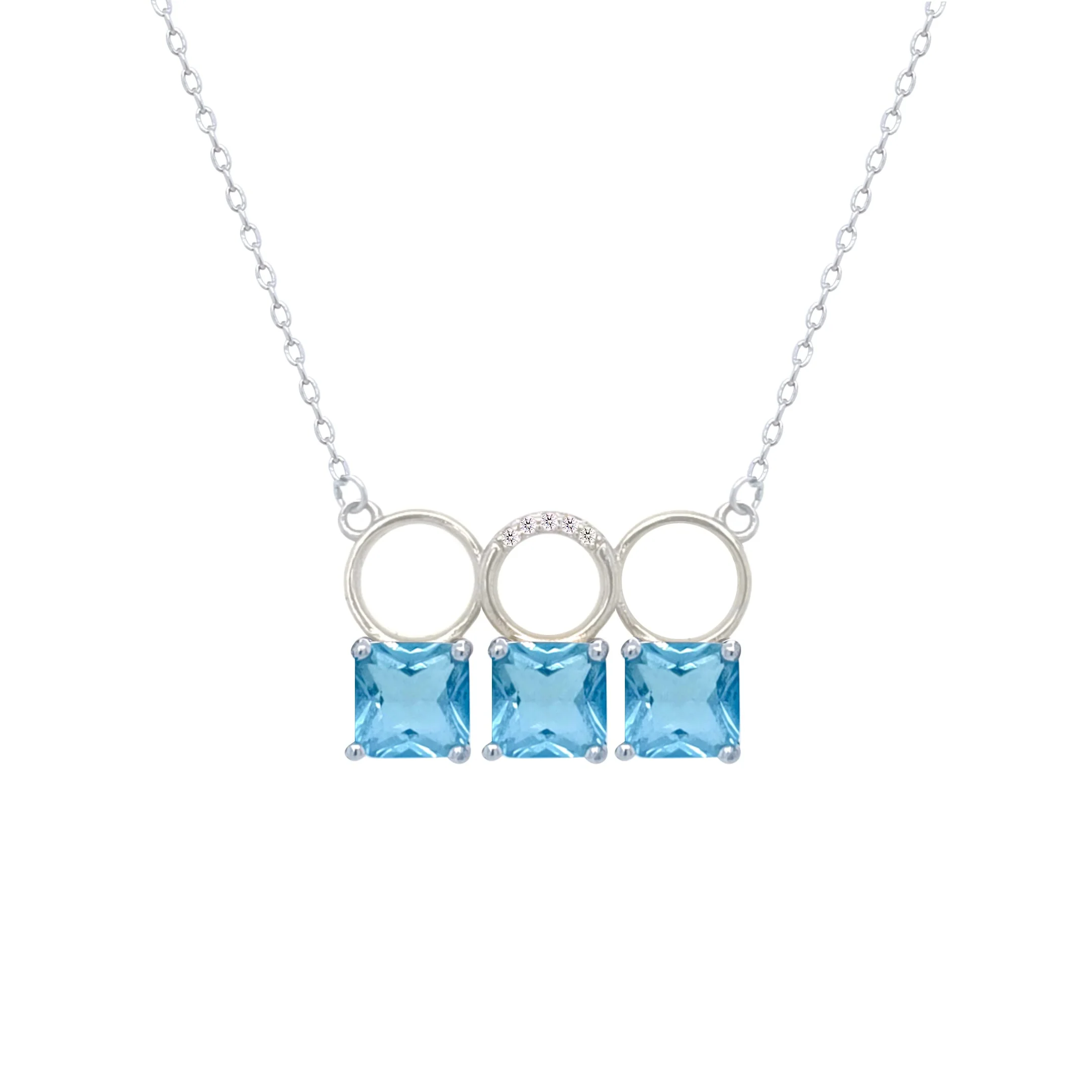 Asfour Crystal Chain Necklace With Three Aquamarine Square Design In 925 Sterling Silver-ND0445-M