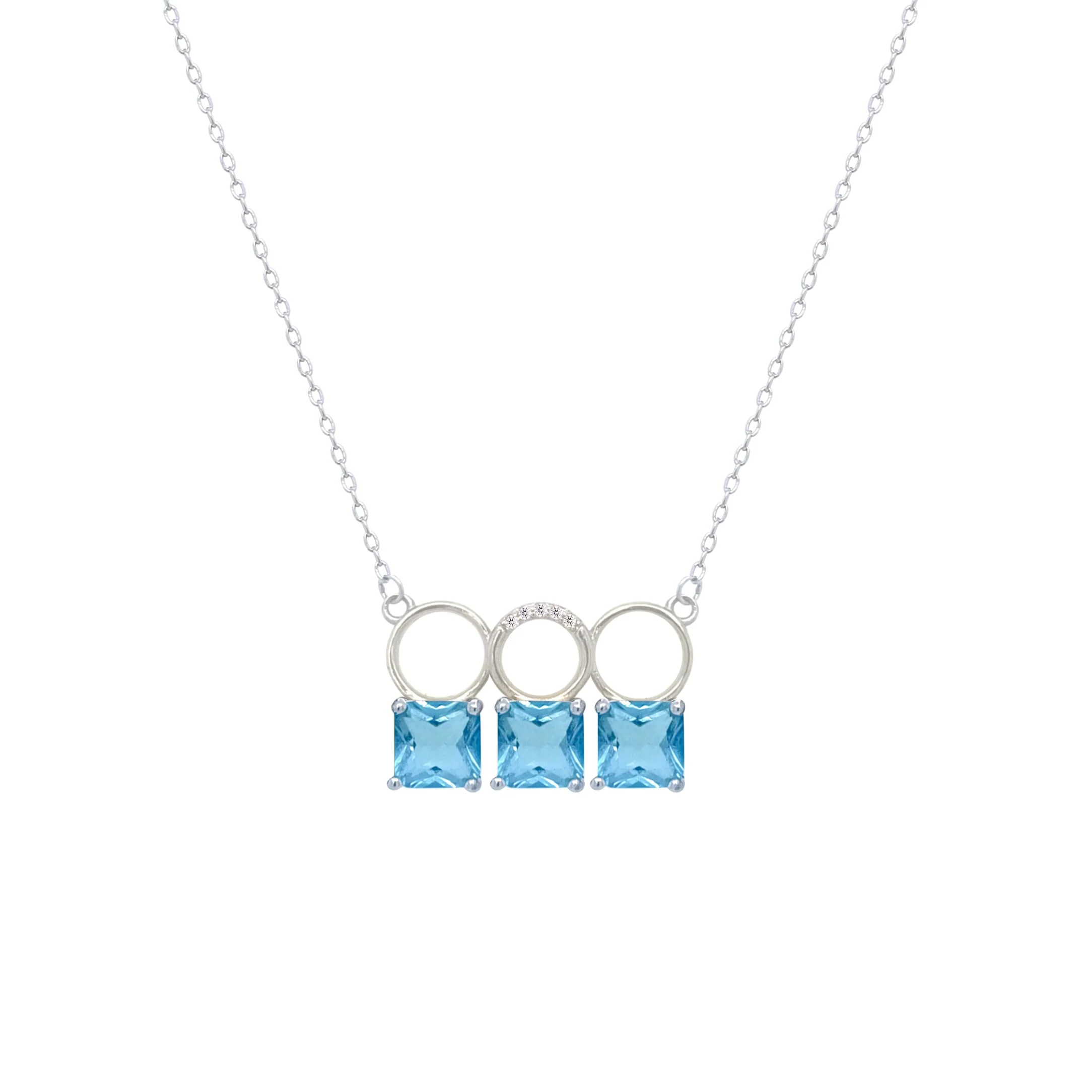 Asfour Crystal Chain Necklace With Three Aquamarine Square Design In 925 Sterling Silver-ND0445-M - Image 2