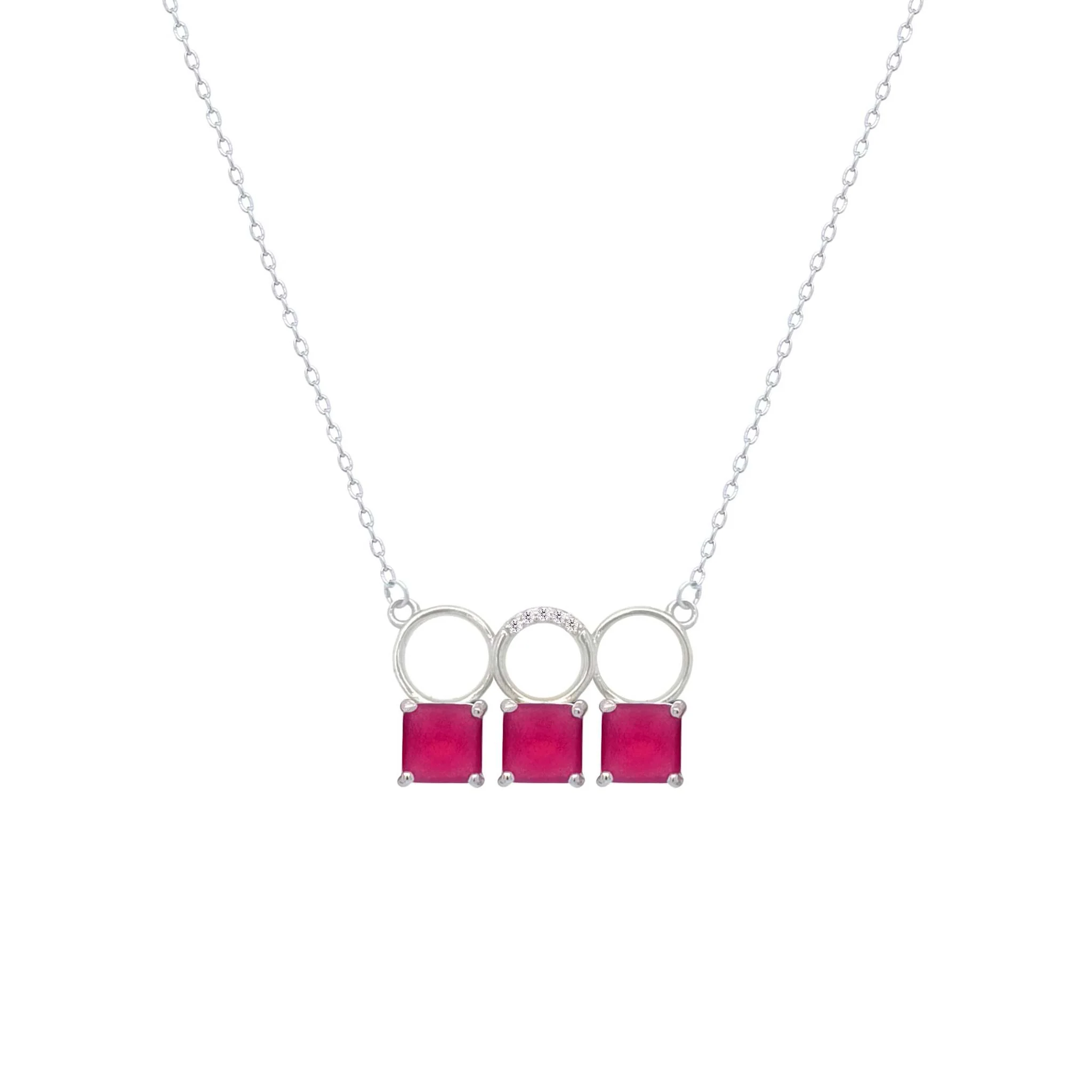Asfour Crystal Chain Necklace With Three Fuchsia Square Design In 925 Sterling Silver-ND0445-F - Image 2