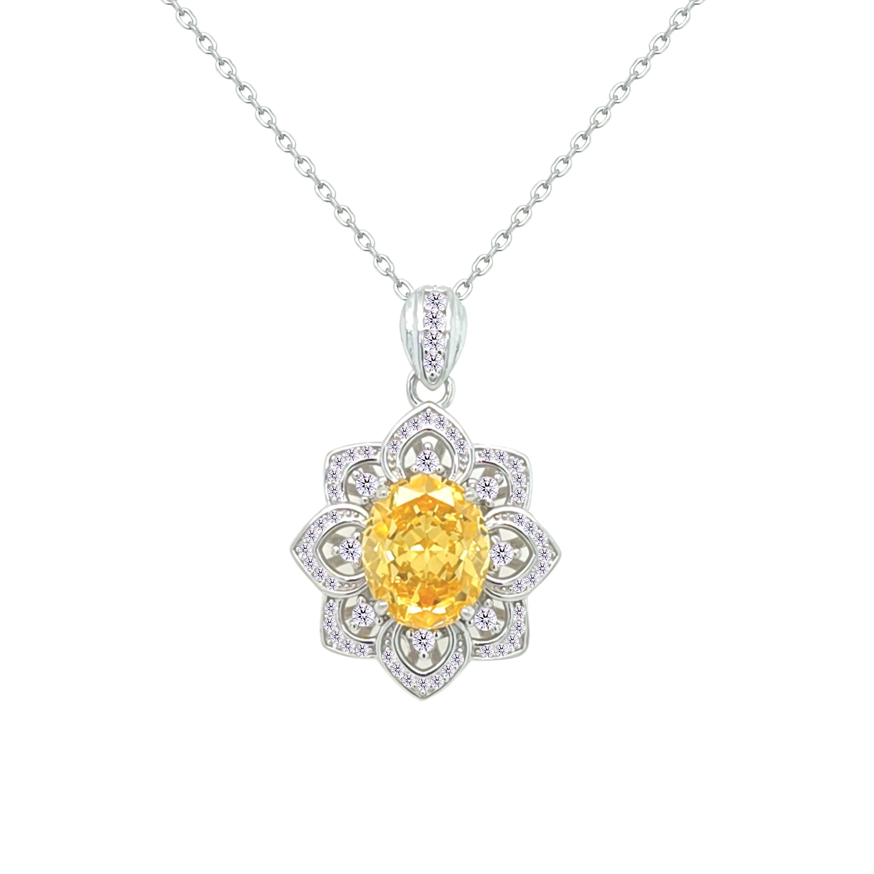 Asfour Crystal Chain Necklace With Yellow Flower Design In 925 Sterling Silver-ND0566-Y