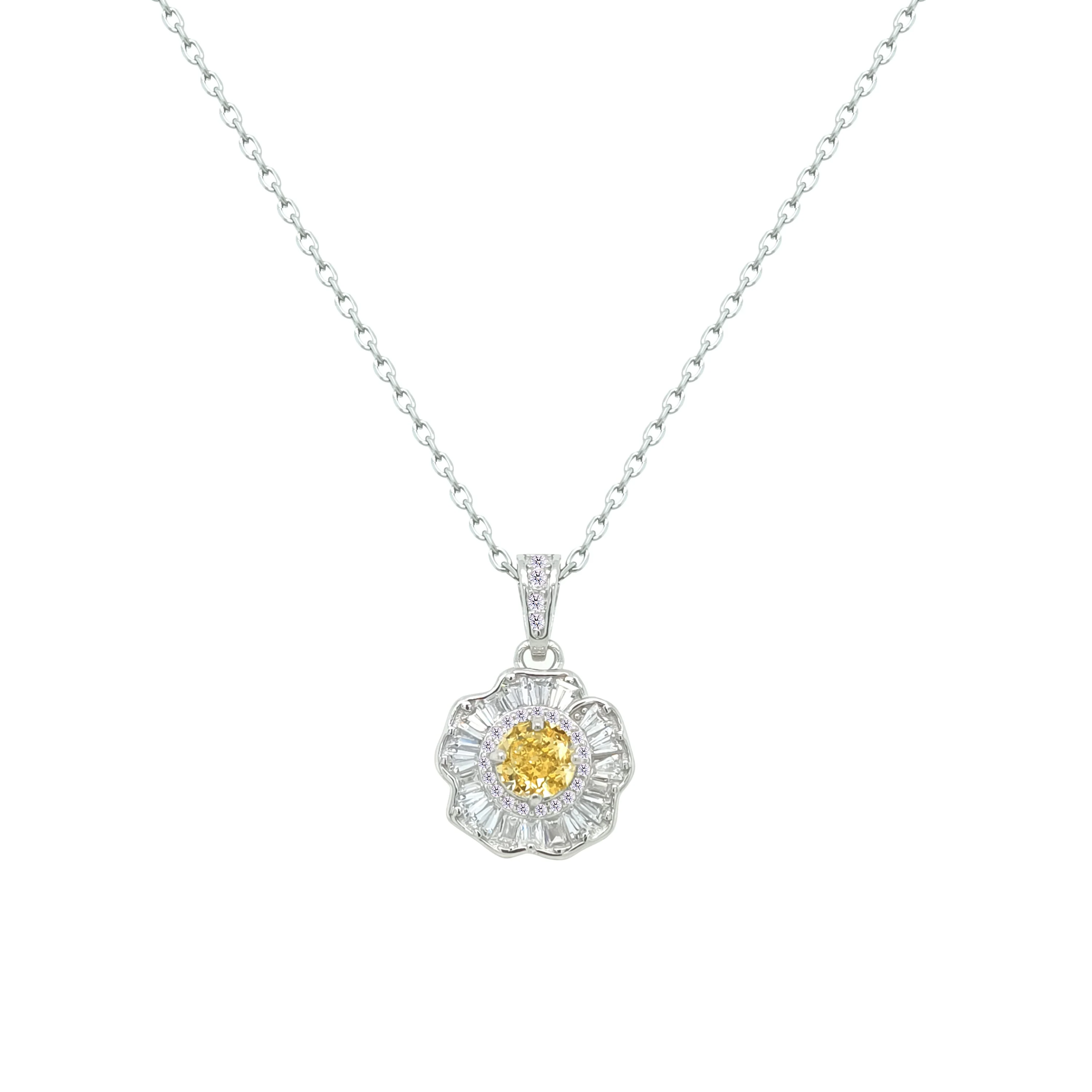 Asfour Crystal Chain Necklace With Yellow Flower Design In 925 Sterling Silver-ND0567-WY - Image 2