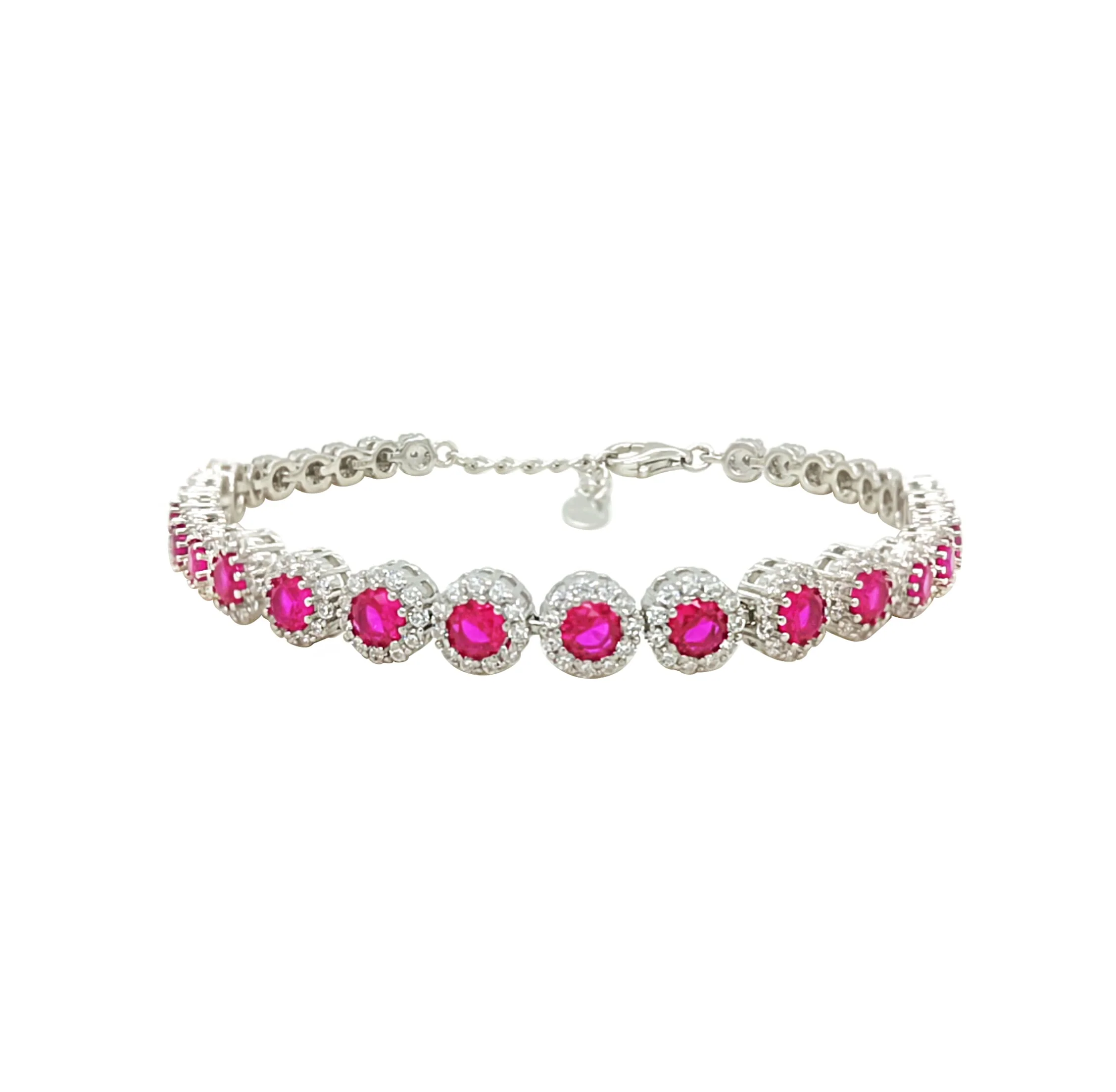 Asfour Crystal Cluster Tennis Bracelet With Fuchsia Round Zircon In 925 Sterling Silver-BM0019-WF