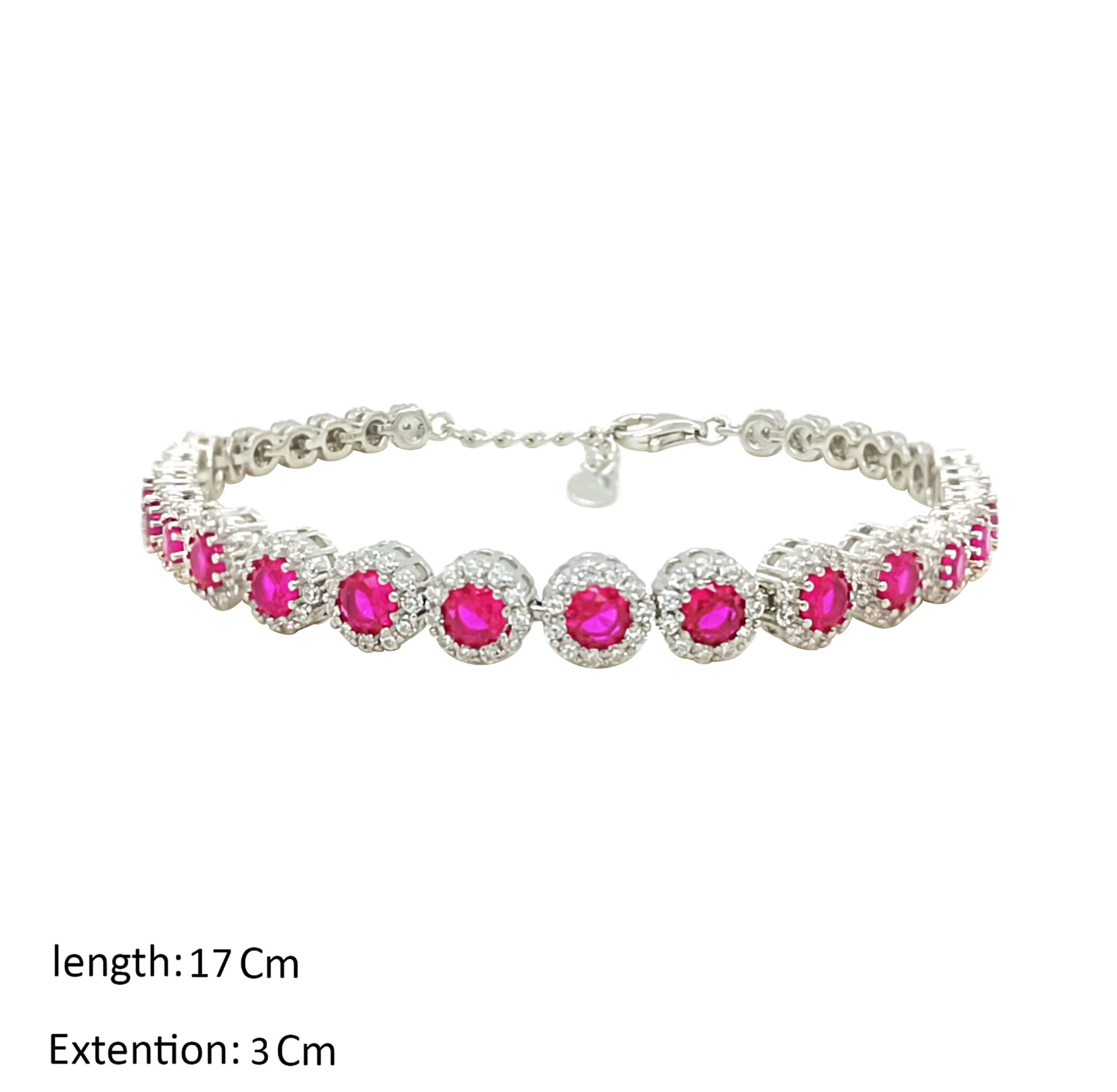 Asfour Crystal Cluster Tennis Bracelet With Fuchsia Round Zircon In 925 Sterling Silver-BM0019-WF - Image 2