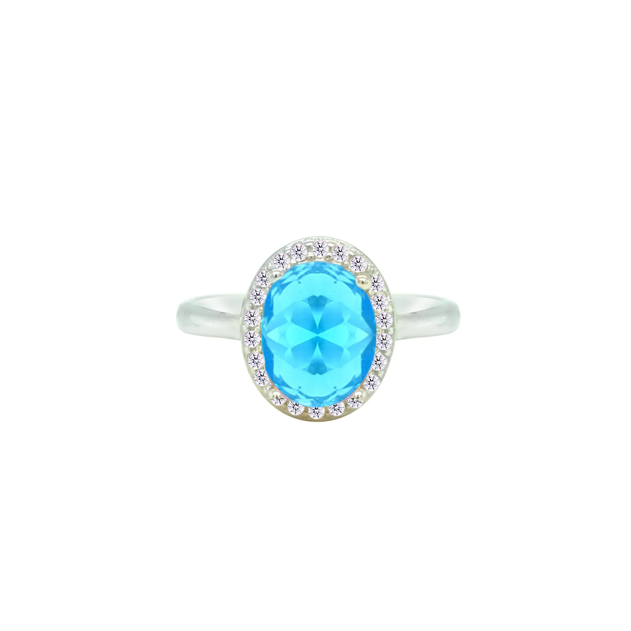 Asfour Crystal Drew Ring With Halo Aquamarine Oval Design In 925 Sterling Silver-RD0211-M-8 - Image 2