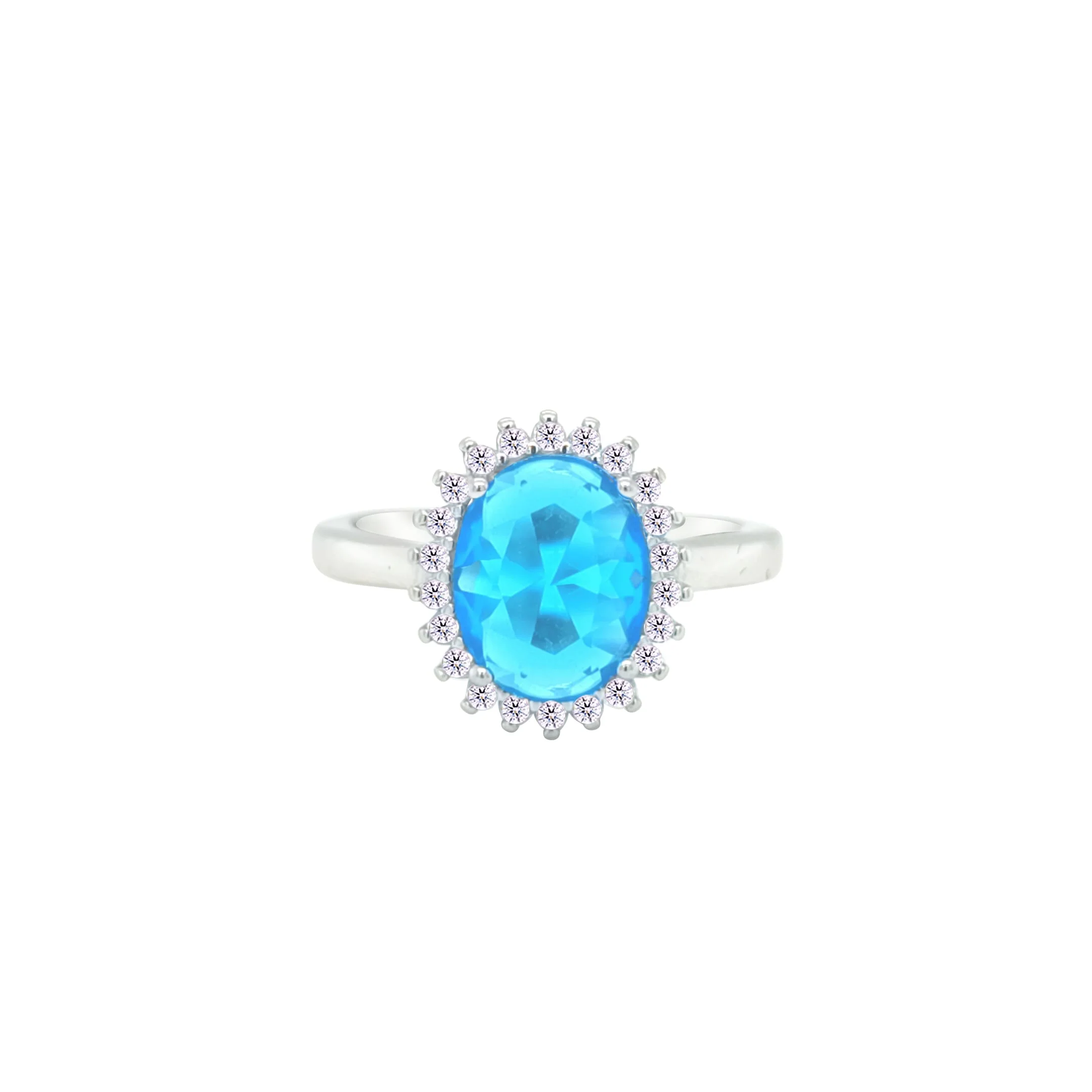 Asfour Crystal Drew Ring With Halo Aquamarine Oval Design In 925 Sterling Silver-RD0212-M-8 - Image 2
