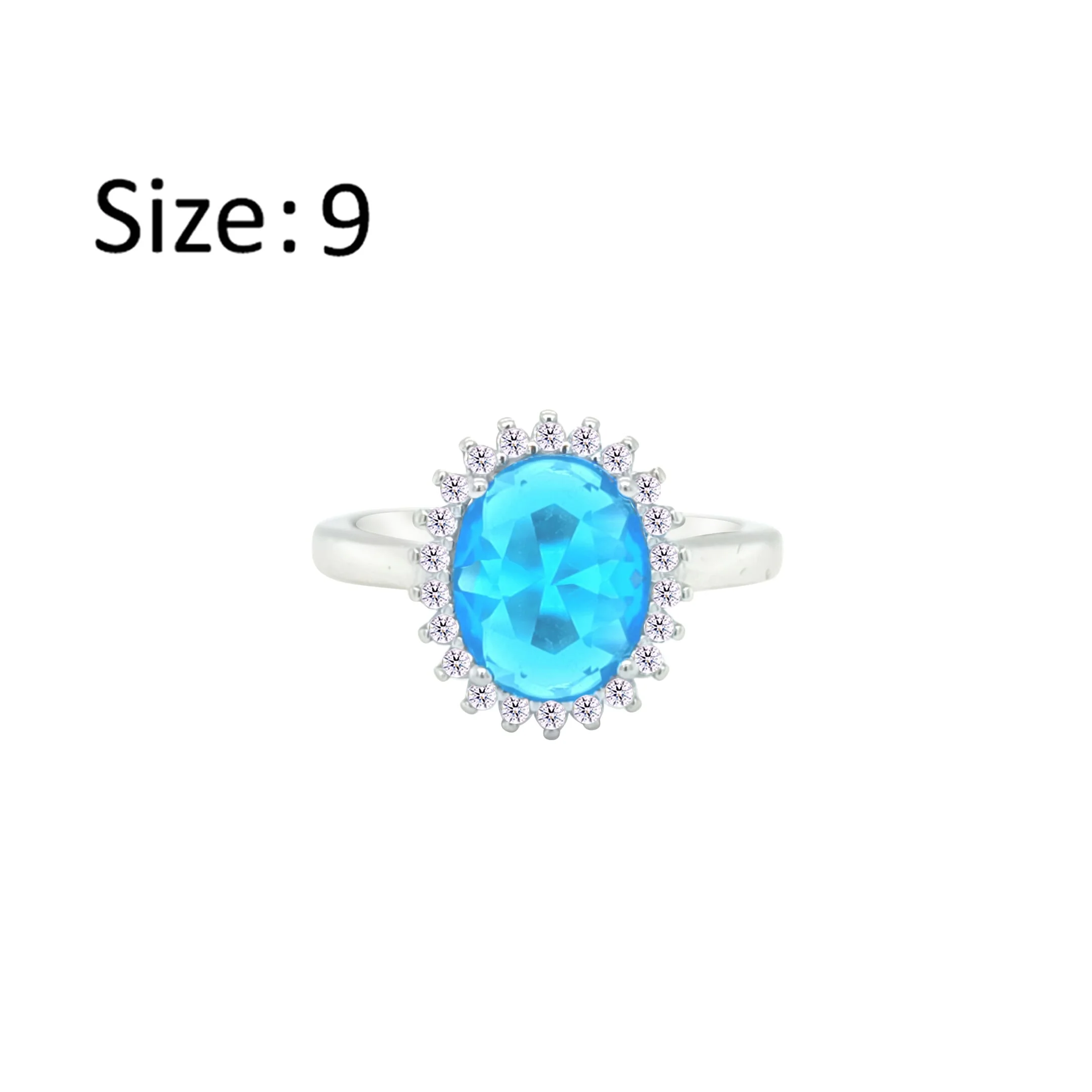 Asfour Crystal Drew Ring With Halo Aquamarine Oval Design In 925 Sterling Silver-RD0212-M-9