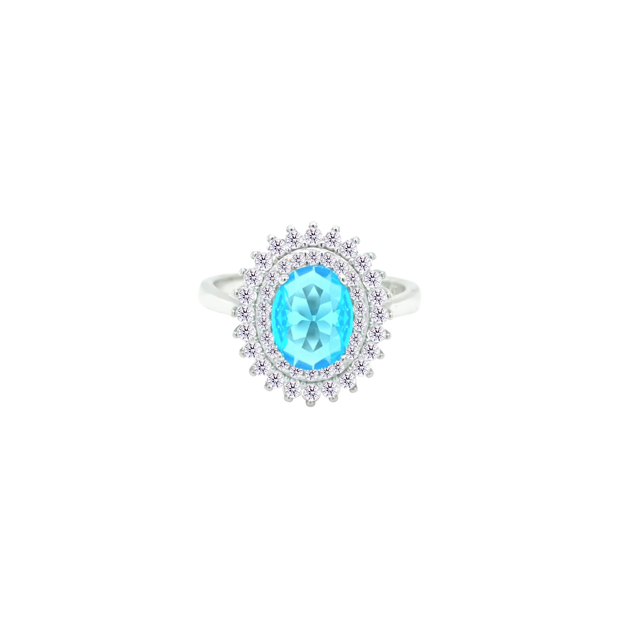 Asfour Crystal Drew Ring With Halo Aquamarine Oval Design In 925 Sterling Silver-RD0213-WM-8 - Image 2