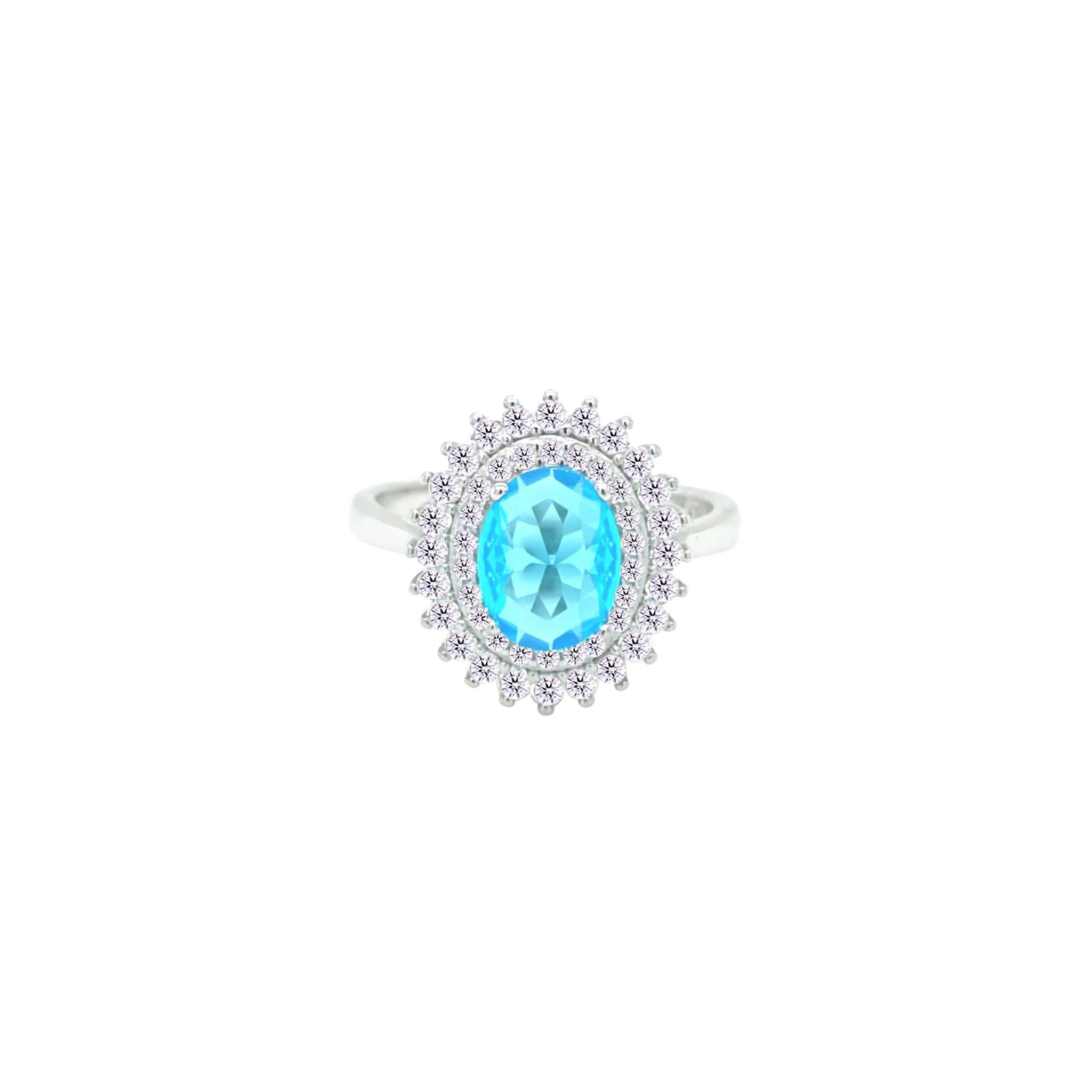 Asfour Crystal Drew Ring With Halo Aquamarine Oval Design In 925 Sterling Silver-RD0213-WM-9 - Image 2