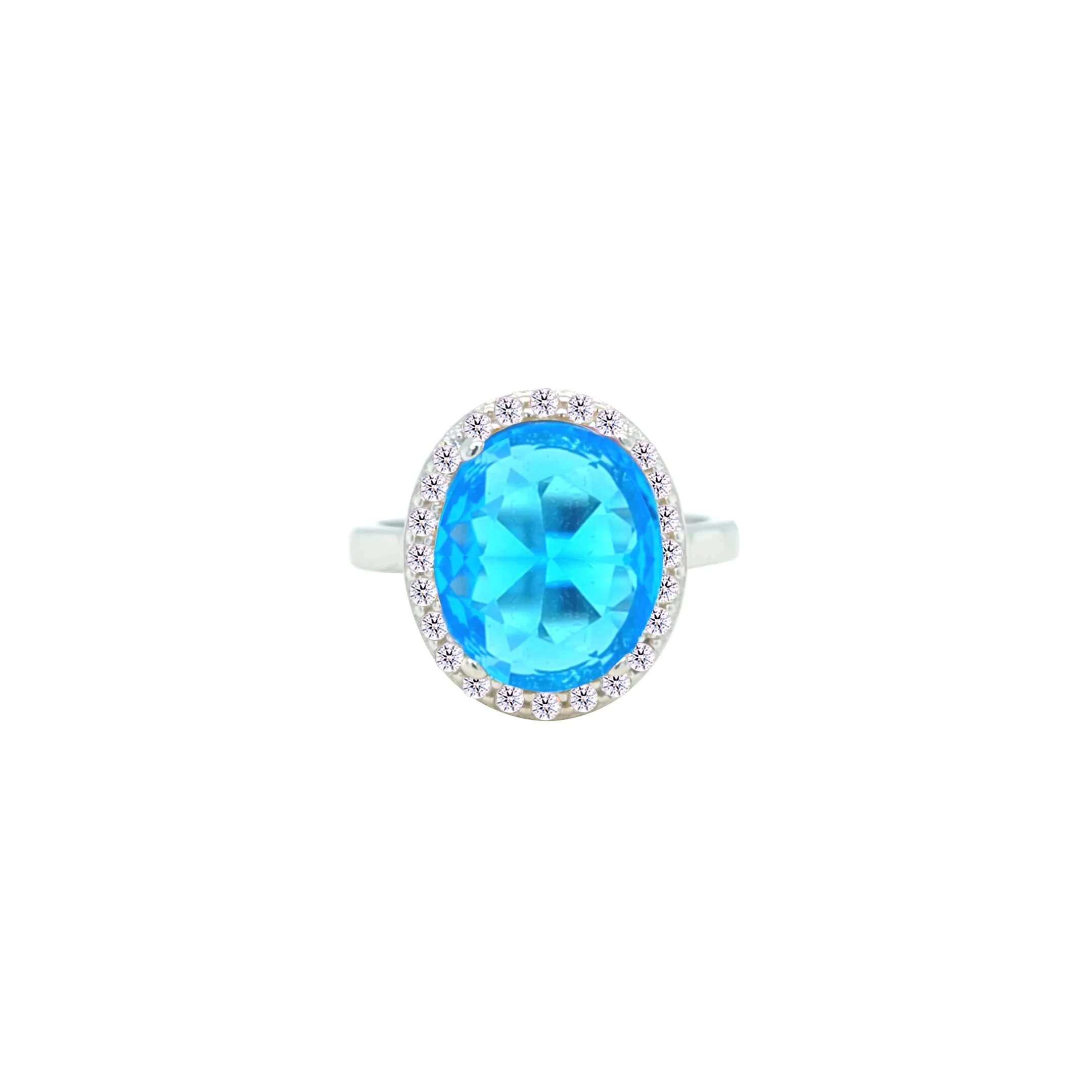 Asfour Crystal Drew Ring With Halo Aquamarine Oval Design In 925 Sterling Silver-RD0214-M-8 - Image 2