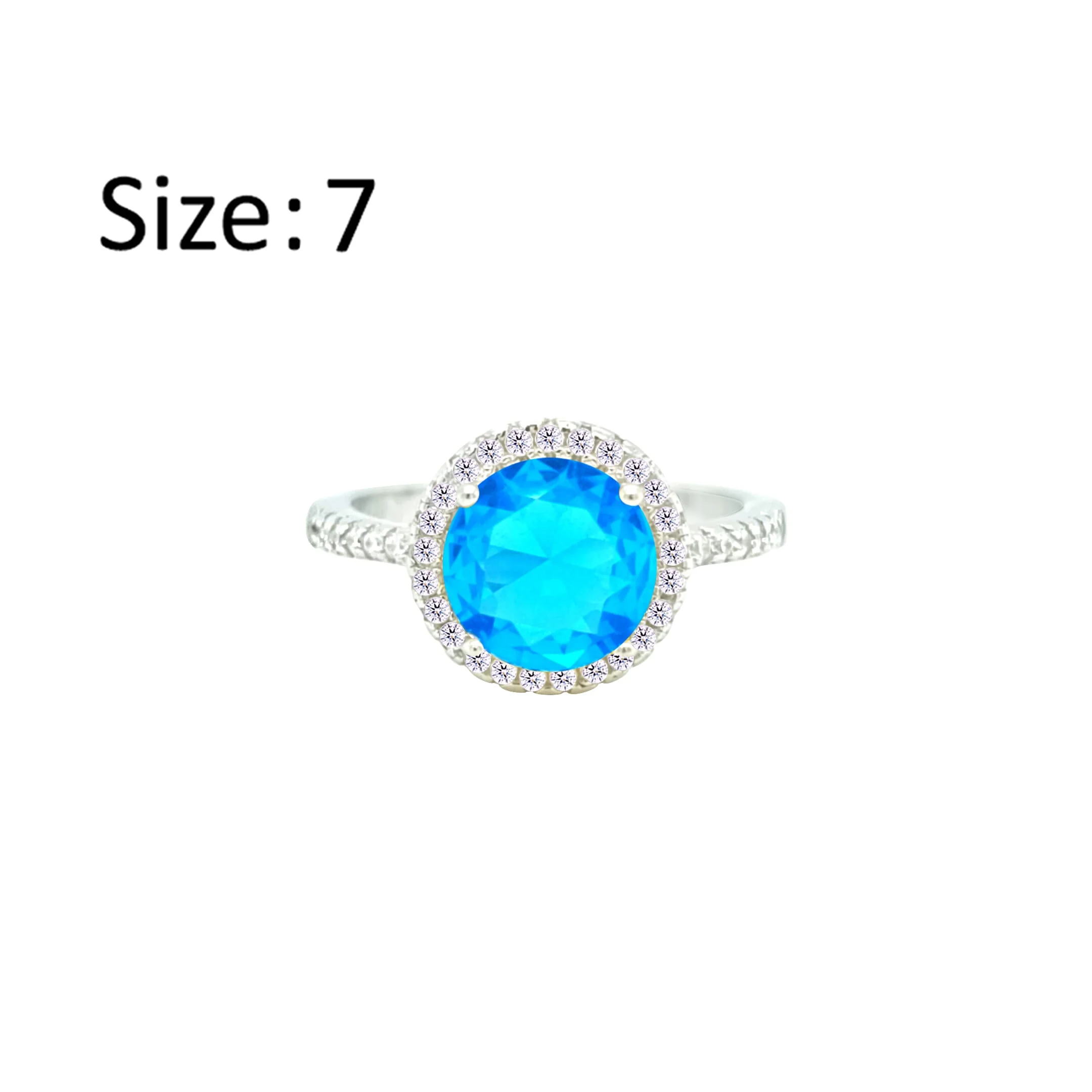 Asfour Crystal Drew Ring With Halo Aquamarine Round Design In 925 Sterling Silver-RD0209-M-7