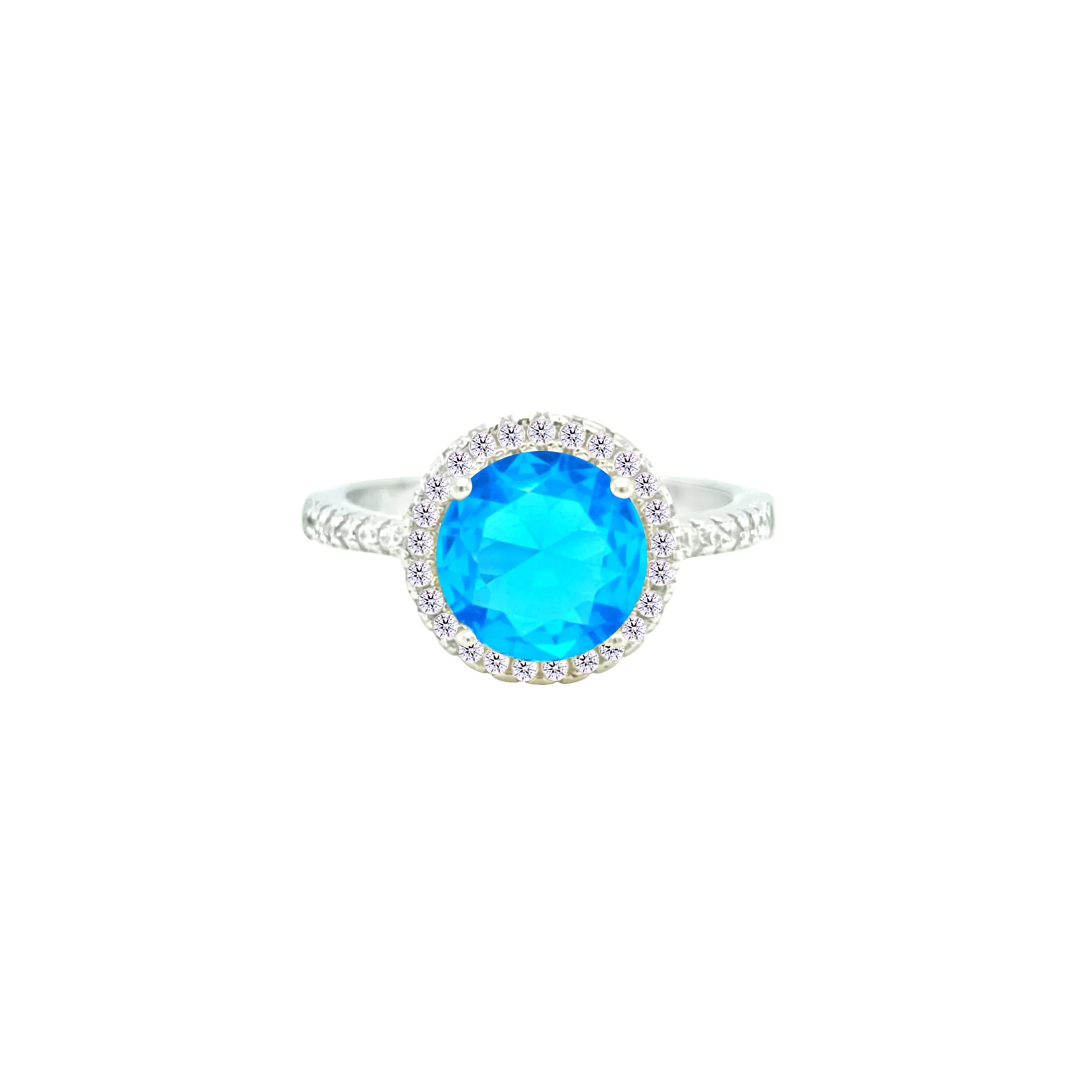 Asfour Crystal Drew Ring With Halo Aquamarine Round Design In 925 Sterling Silver-RD0209-M-9 - Image 2