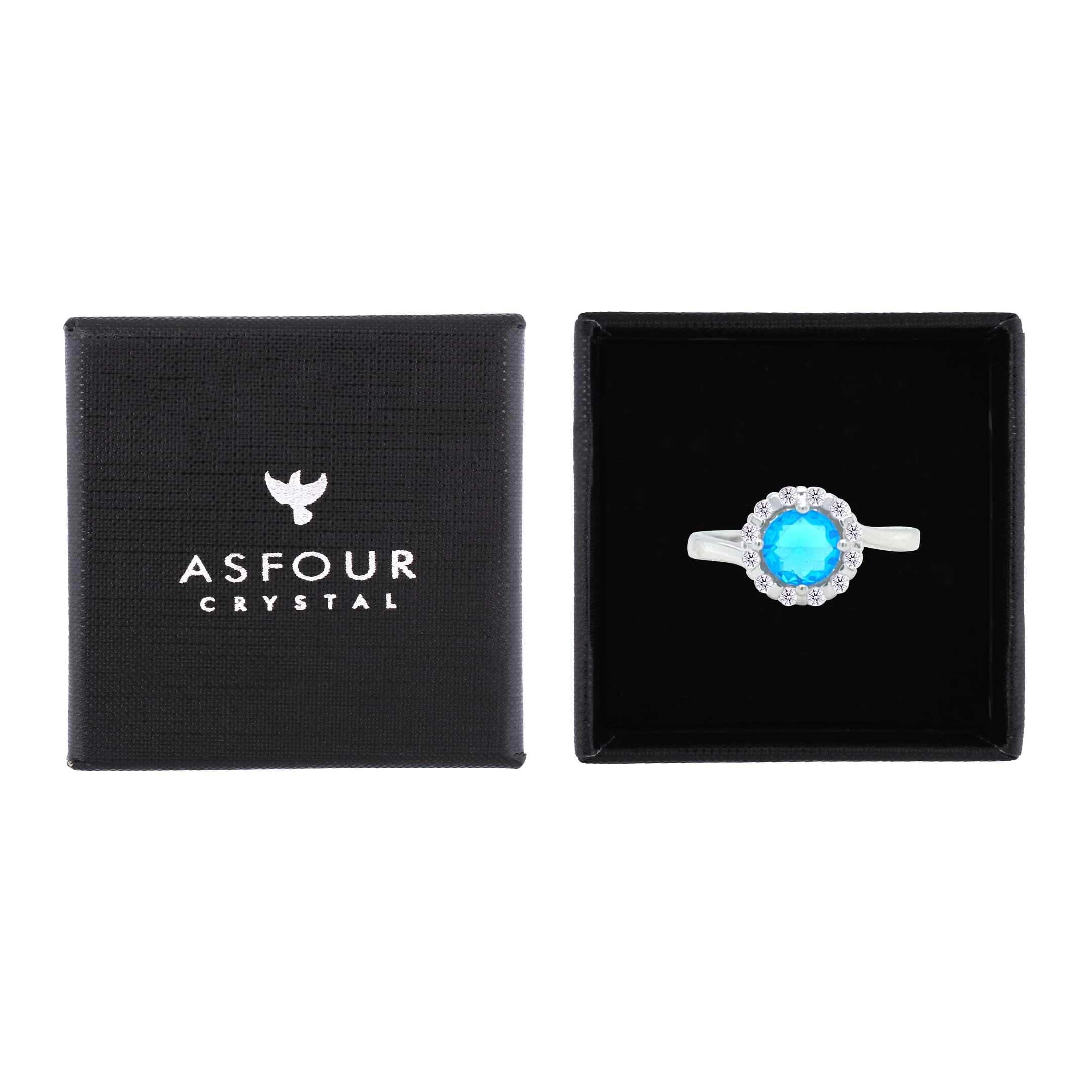 Asfour Crystal Drew Ring With Halo Aquamarine Round Design In 925 Sterling Silver-RM0119-M-8 - Image 2
