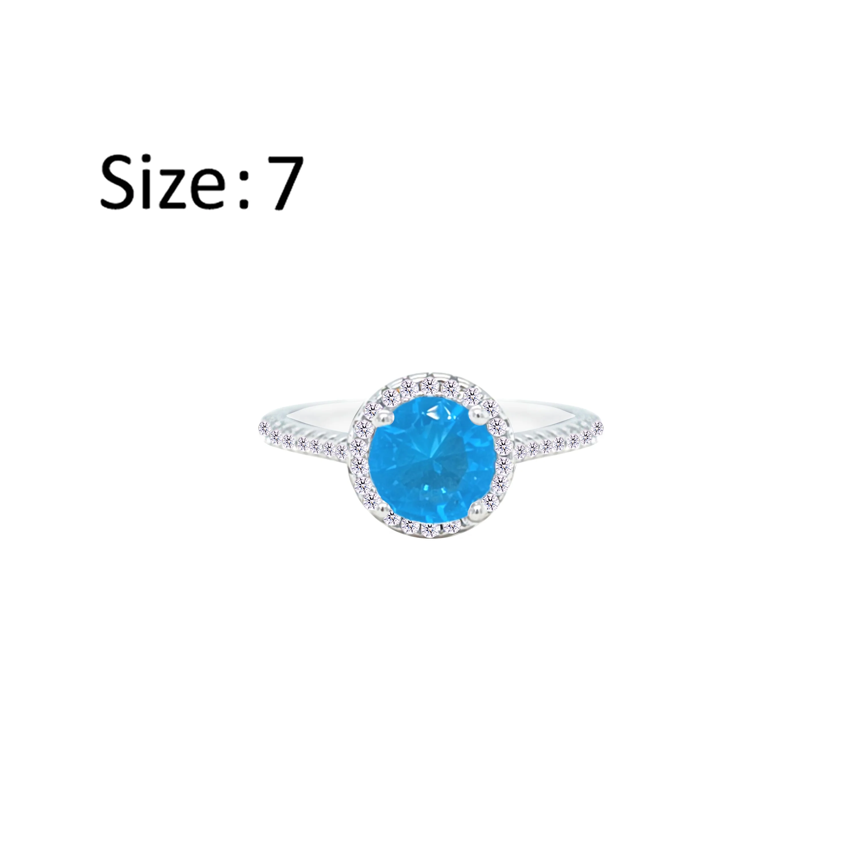 Asfour Crystal Drew Ring With Halo Aquamarine Round Stone In 925 Sterling Silver-RM0115-M-7