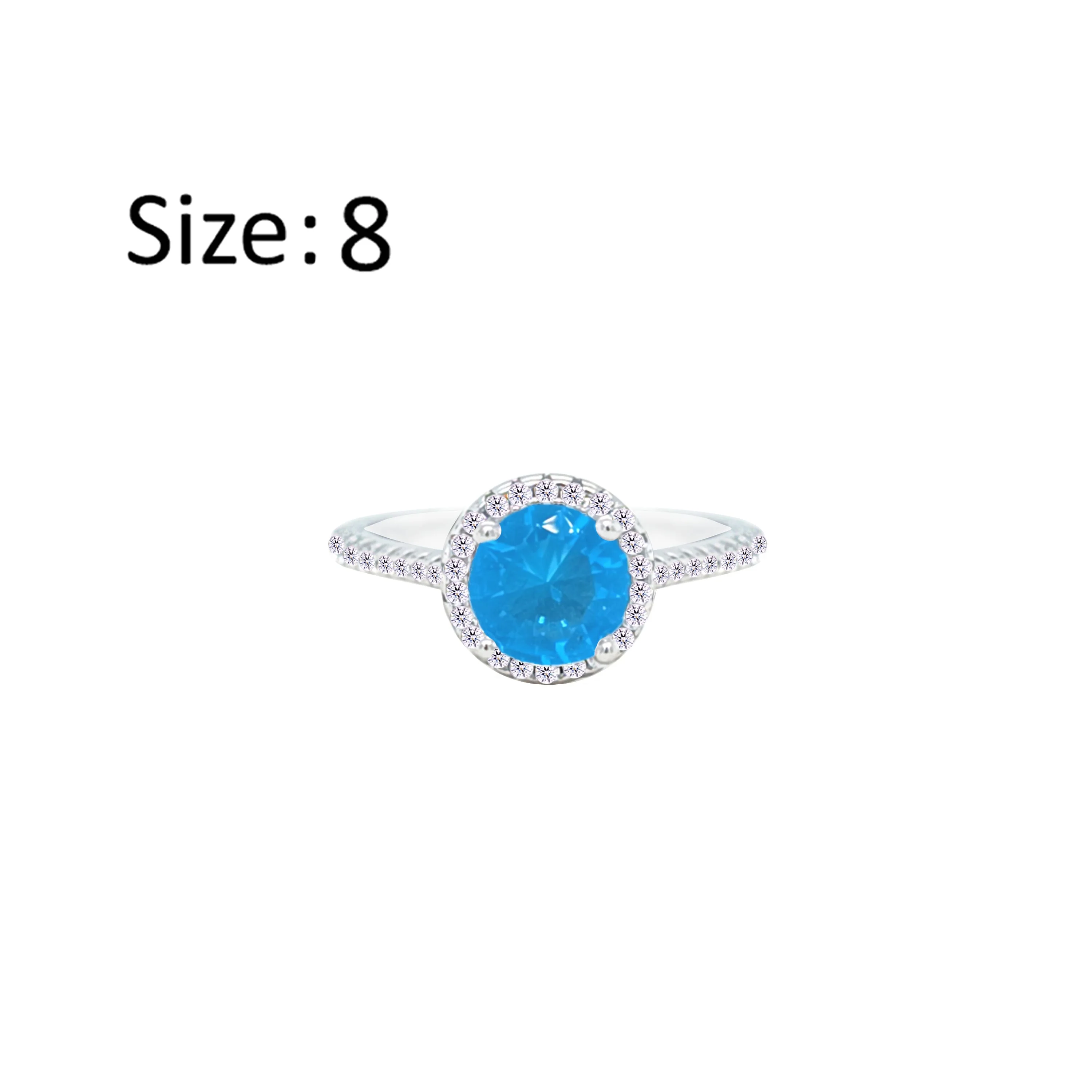 Asfour Crystal Drew Ring With Halo Aquamarine Round Stone In 925 Sterling Silver-RM0115-M-8