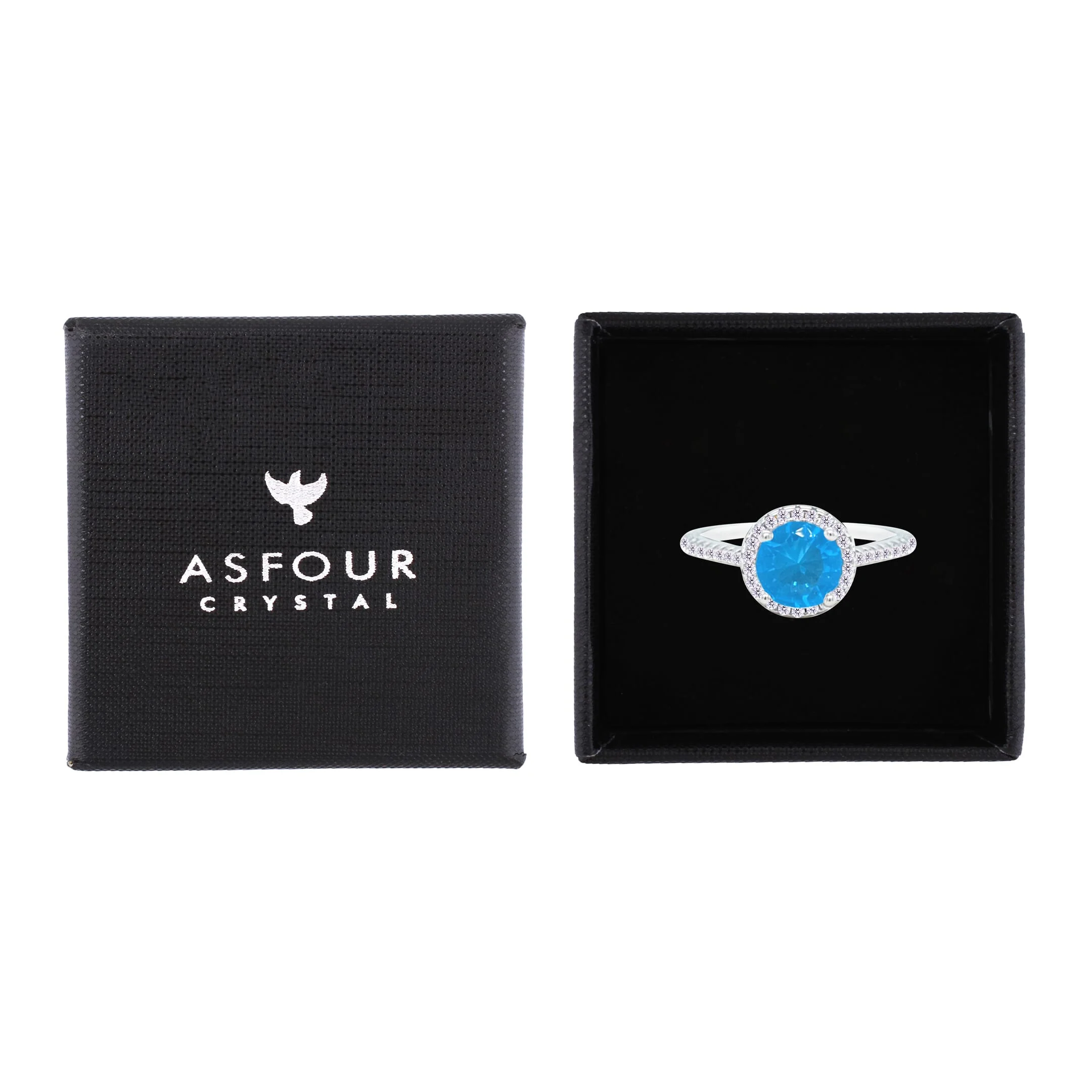Asfour Crystal Drew Ring With Halo Aquamarine Round Stone In 925 Sterling Silver-RM0115-M-8 - Image 2