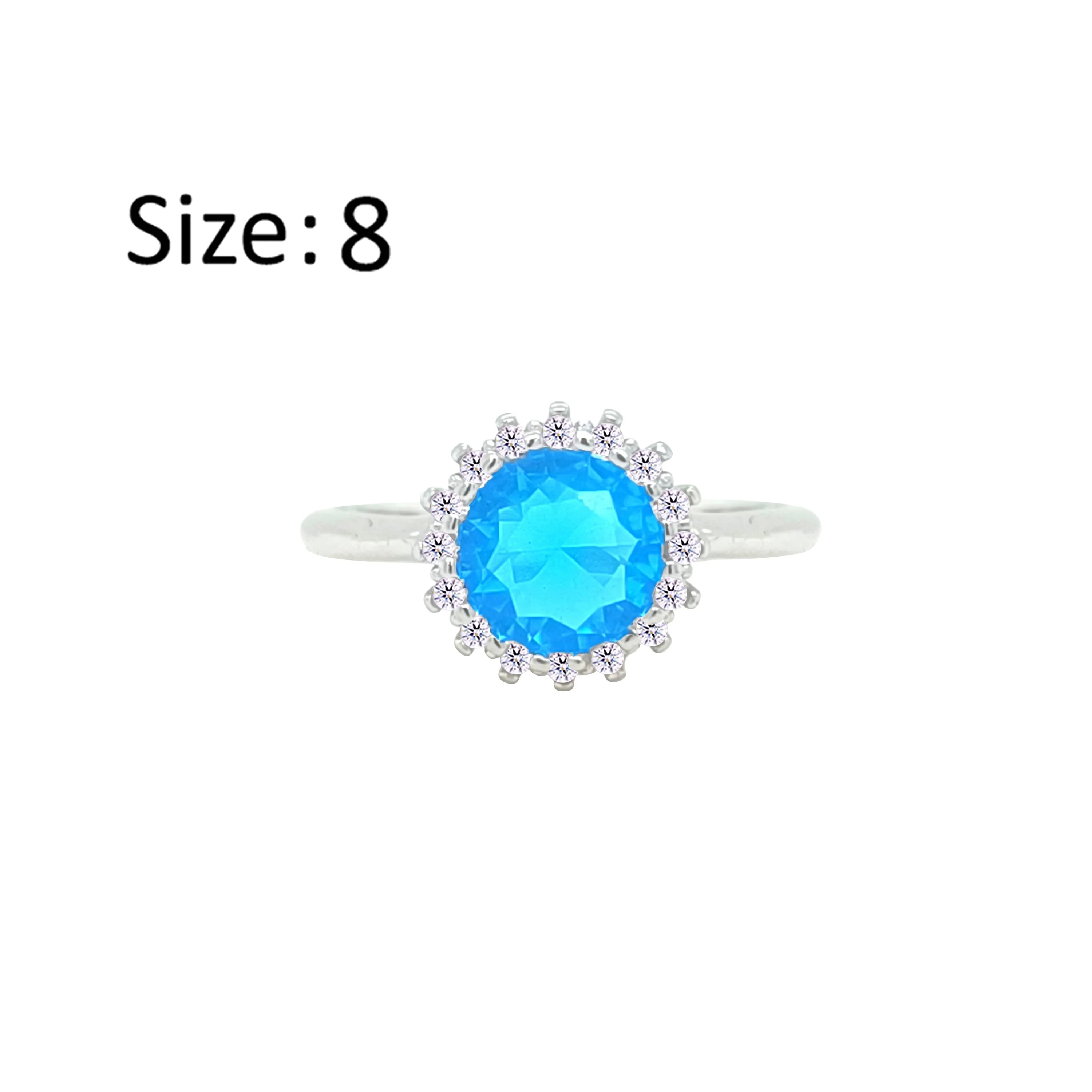 Asfour Crystal Drew Ring With Halo Aquamarine Round Stone In 925 Sterling Silver-RM0116-M-8