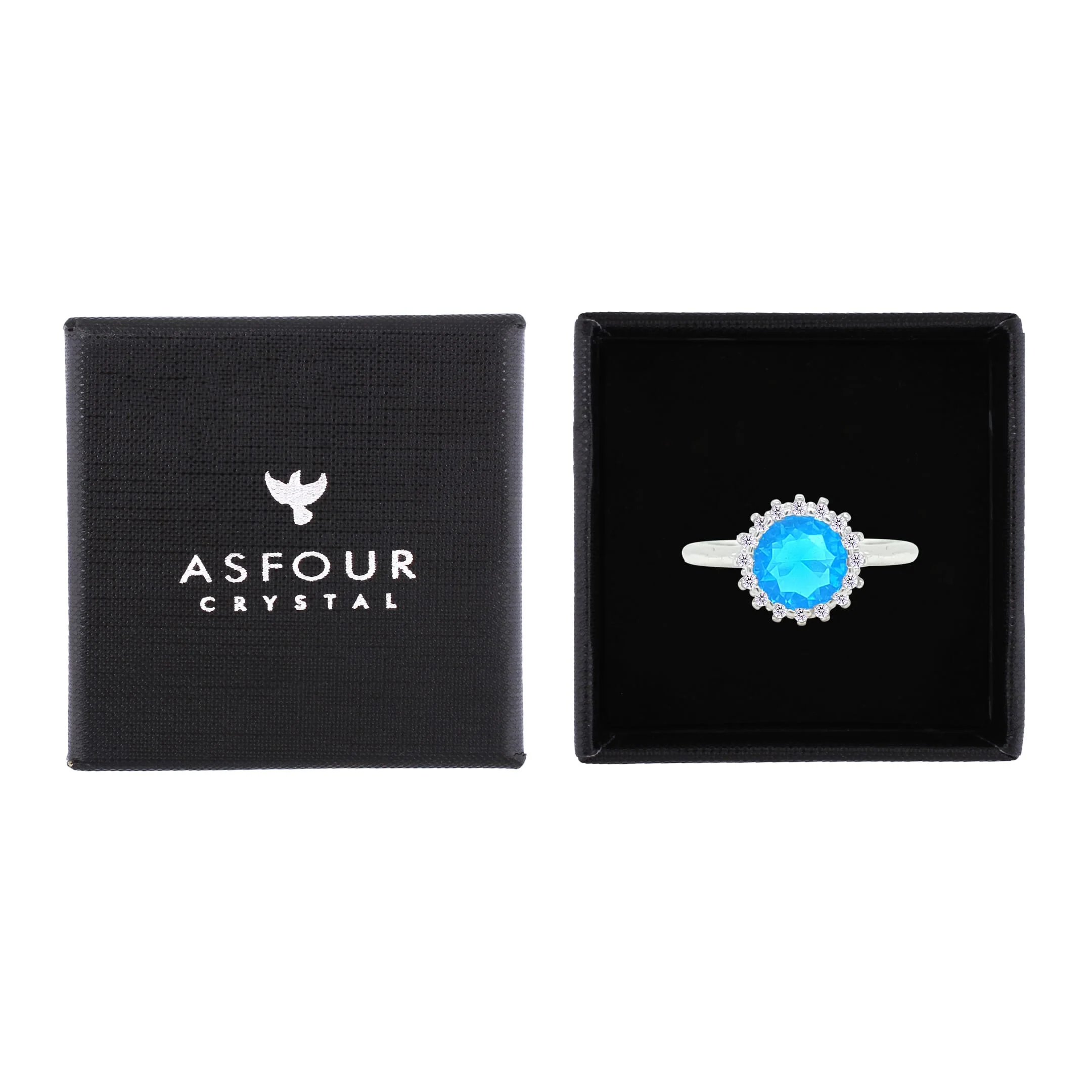 Asfour Crystal Drew Ring With Halo Aquamarine Round Stone In 925 Sterling Silver-RM0116-M-8 - Image 2