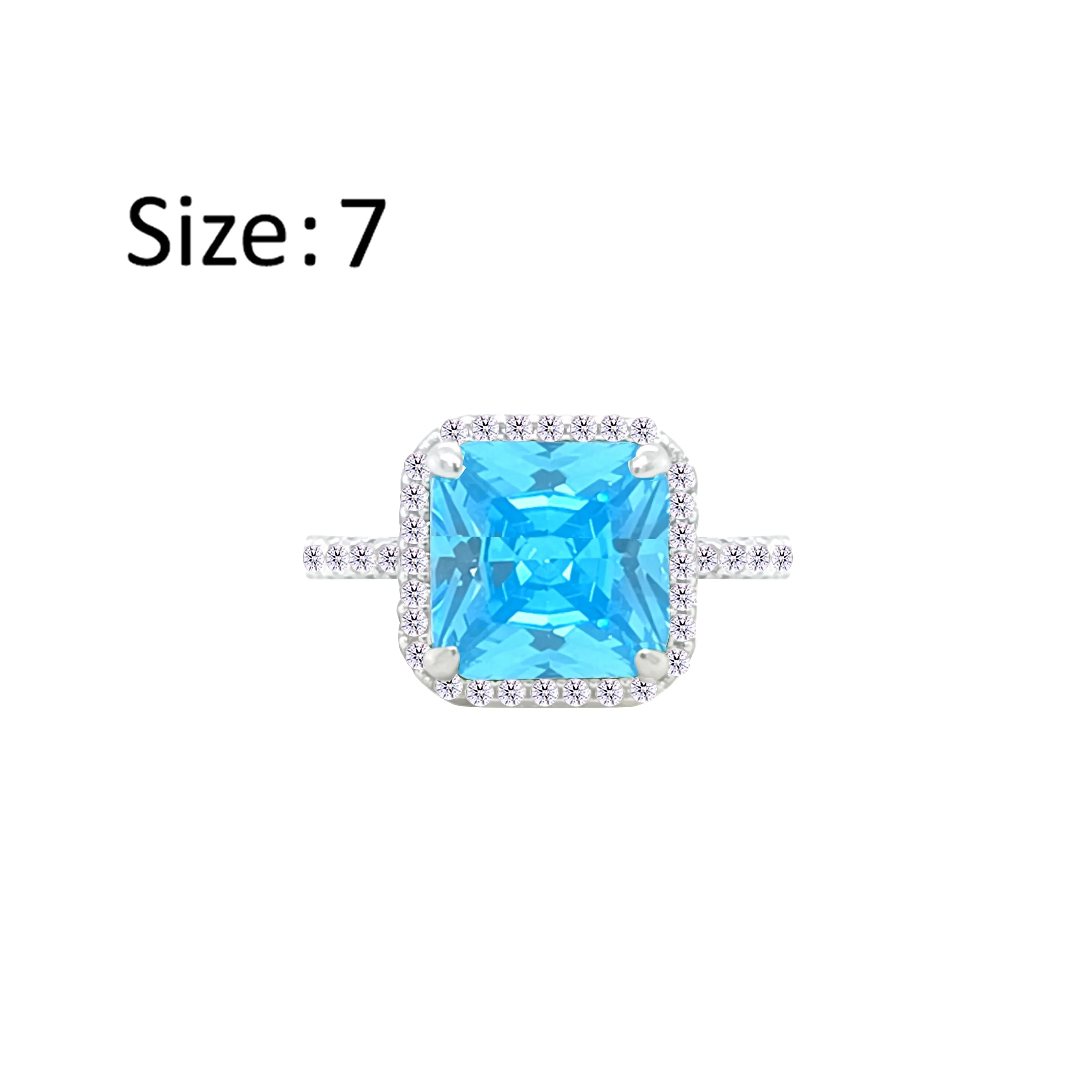 Asfour Crystal Drew Ring With Halo Aquamarine Square Stone In 925 Sterling Silver-RM0111-M-7