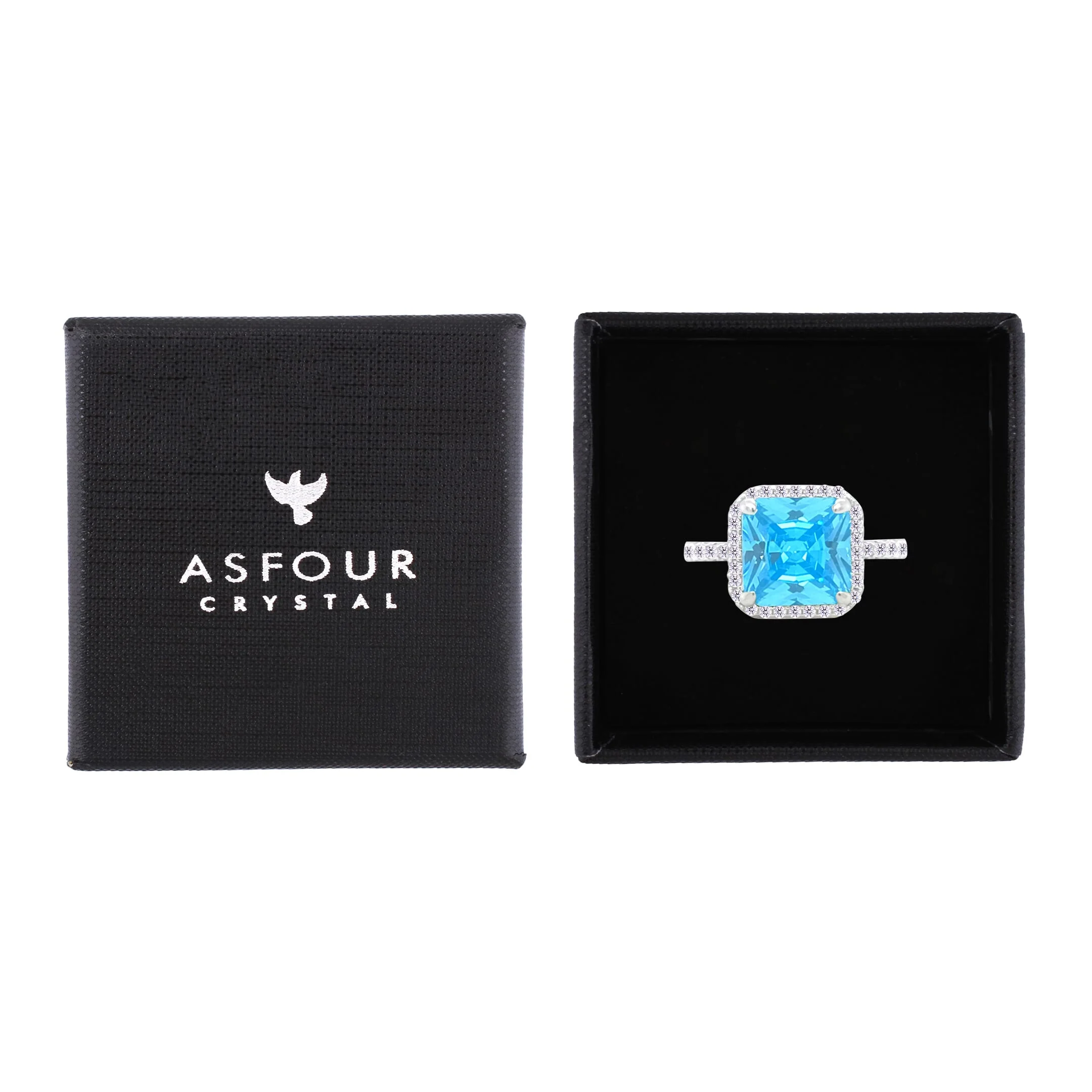 Asfour Crystal Drew Ring With Halo Aquamarine Square Stone In 925 Sterling Silver-RM0111-M-7 - Image 2