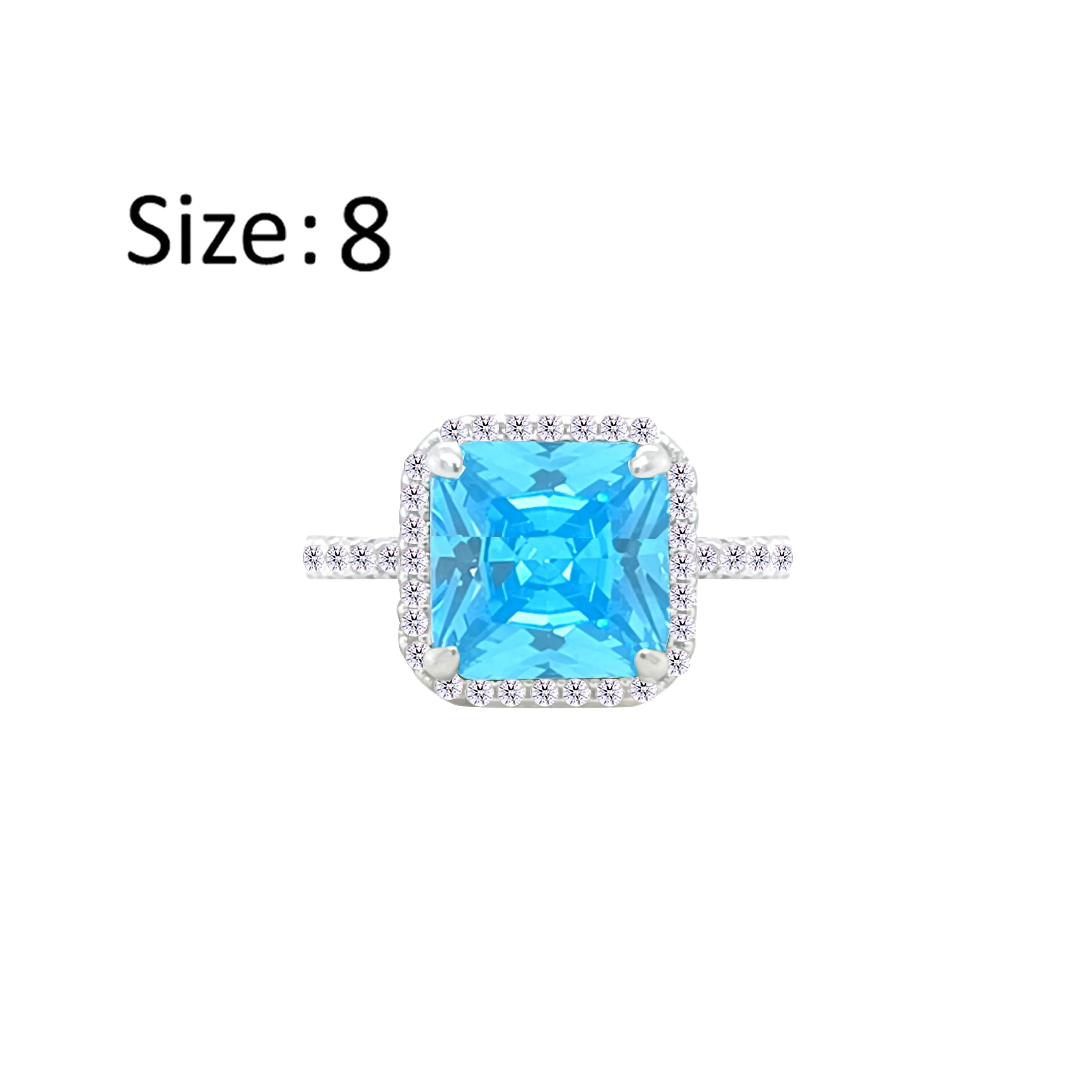 Asfour Crystal Drew Ring With Halo Aquamarine Square Stone In 925 Sterling Silver-RM0111-M-8