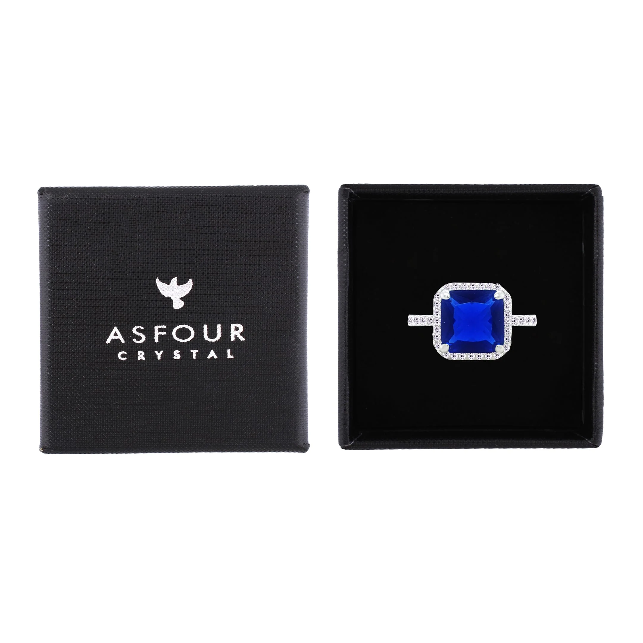 Asfour Crystal Drew Ring With Halo Blue Square Stone In 925 Sterling Silver-RM0111-B-7 - Image 2