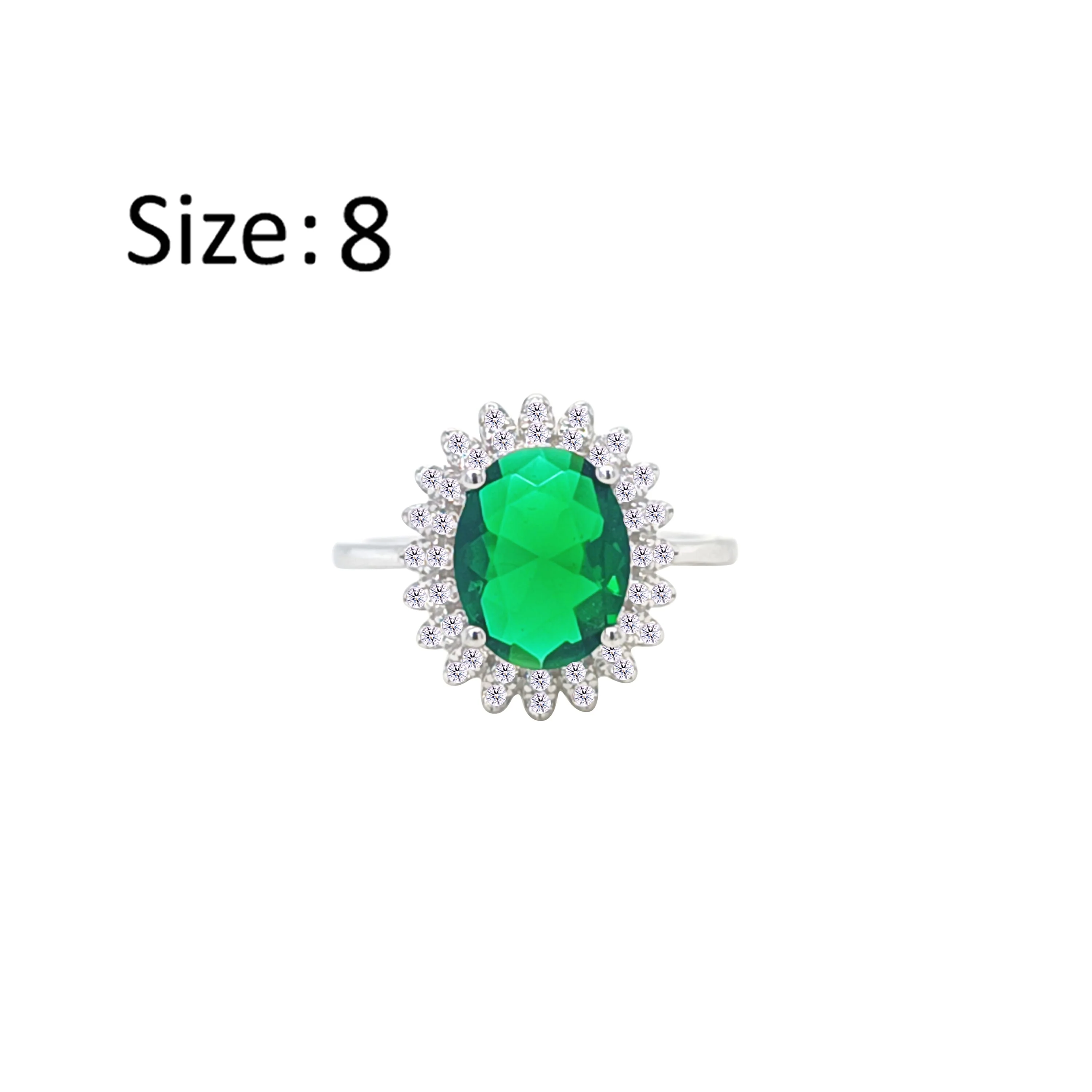 Asfour Crystal Drew Ring With Halo Emerald Oval Zircon In 925 Sterling Silver-RM0110-G-8