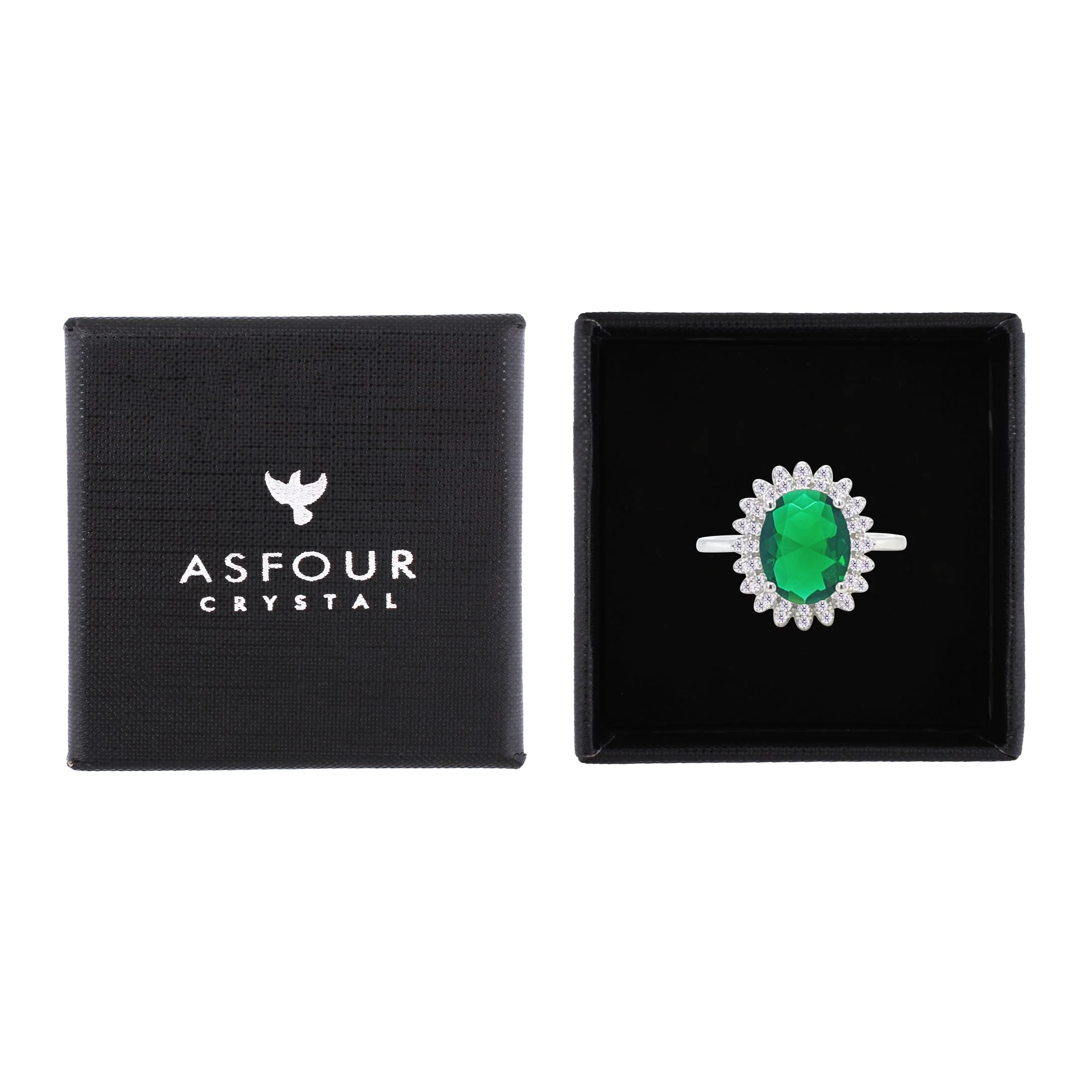 Asfour Crystal Drew Ring With Halo Emerald Oval Zircon In 925 Sterling Silver-RM0110-G-8 - Image 2
