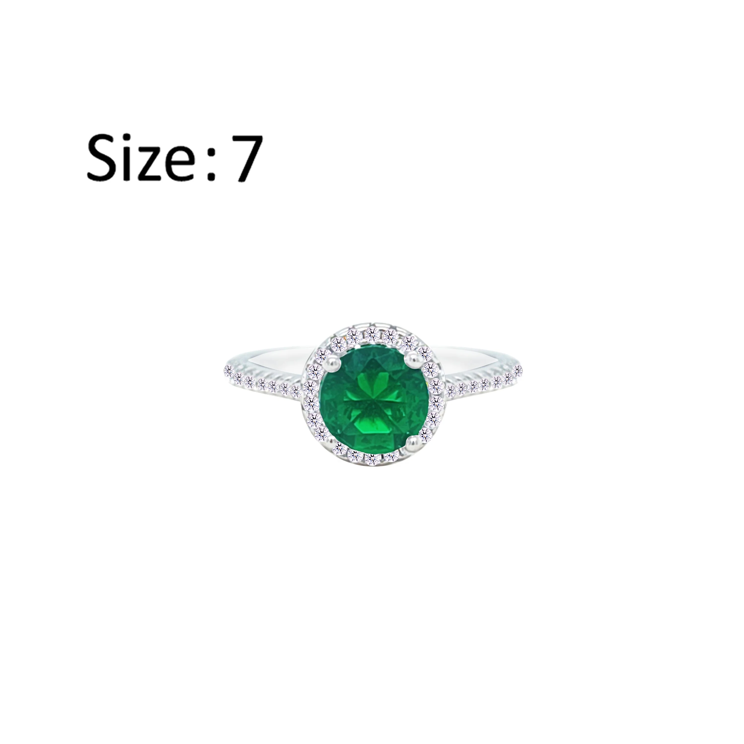 Asfour Crystal Drew Ring With Halo Emerald Round Zircon Stone In 925 Sterling Silver-RM0115-G-7