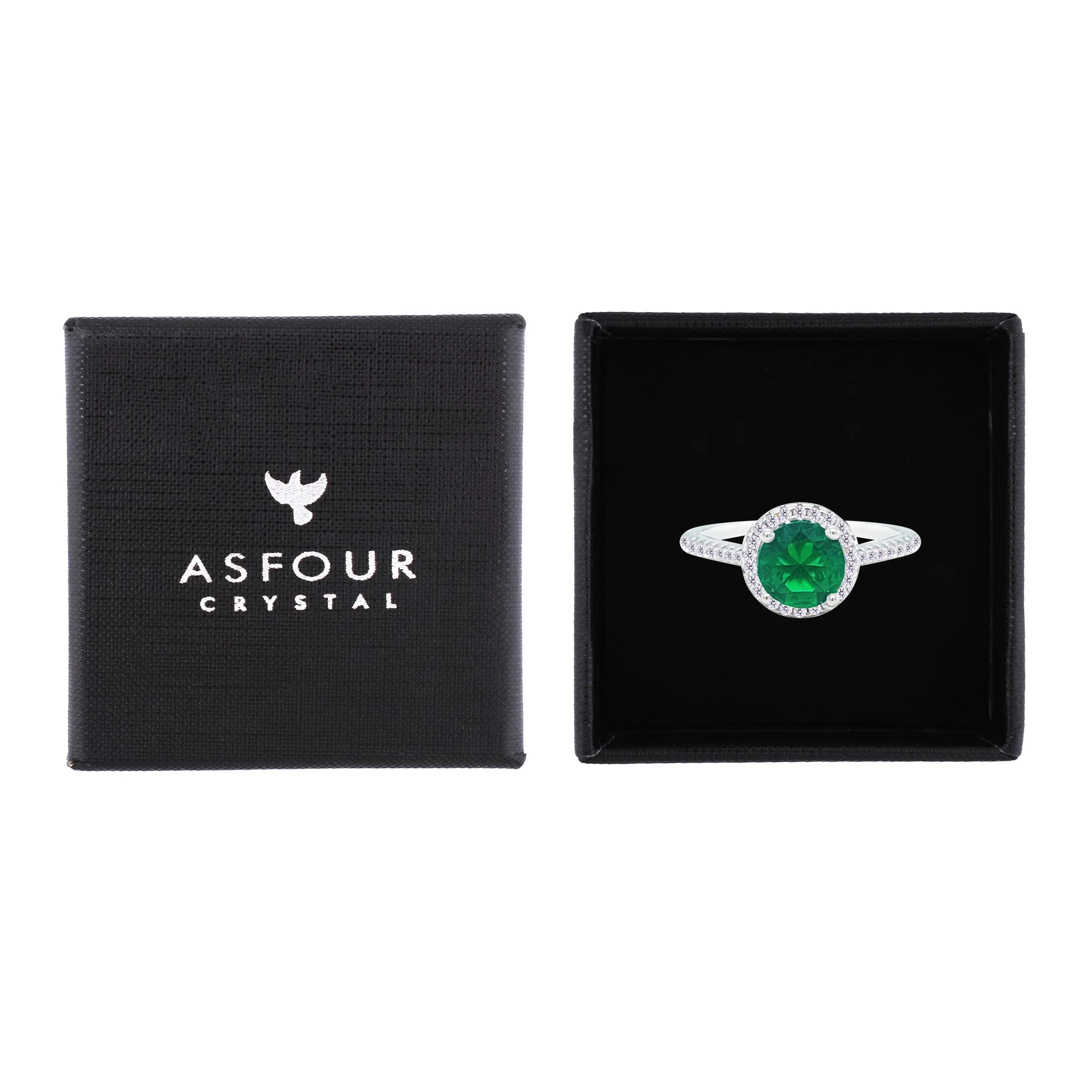 Asfour Crystal Drew Ring With Halo Emerald Round Zircon Stone In 925 Sterling Silver-RM0115-G-7 - Image 2