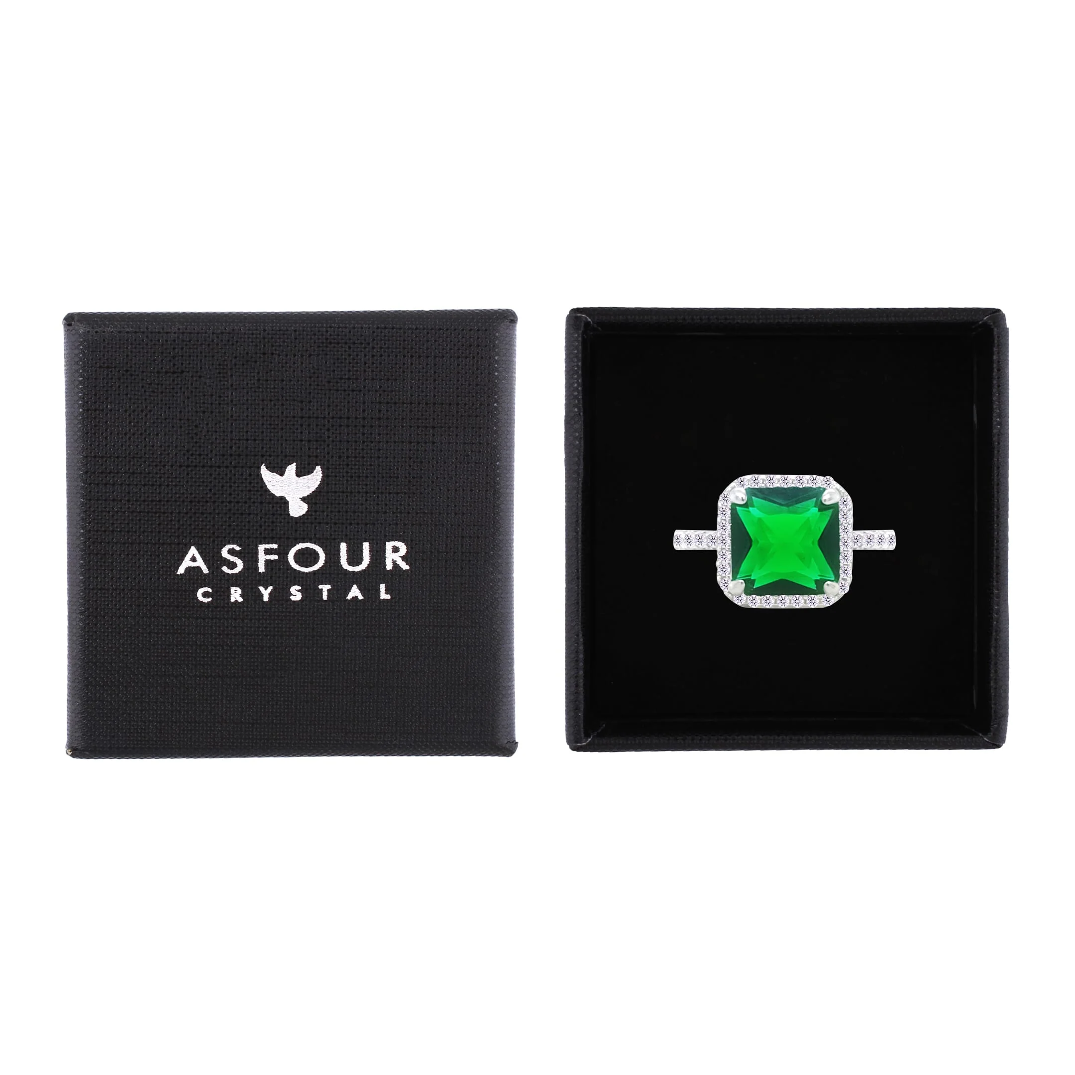 Asfour Crystal Drew Ring With Halo Emerald Square Zircon In 925 Sterling Silver-RM0111-G-7 - Image 2