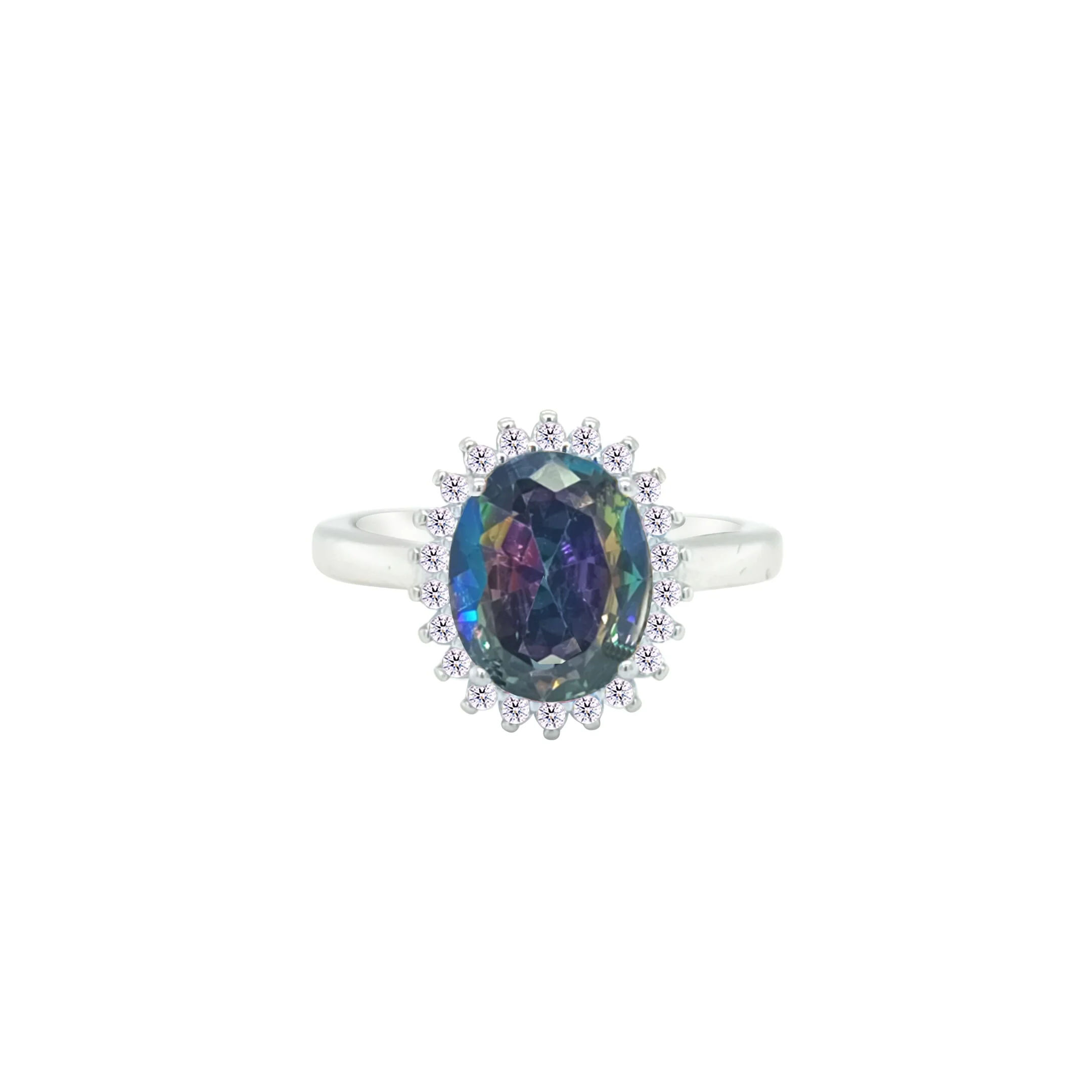 Asfour Crystal Drew Ring With Halo Multi Color Oval Design In 925 Sterling Silver-RD0212-AP-7 - Image 2