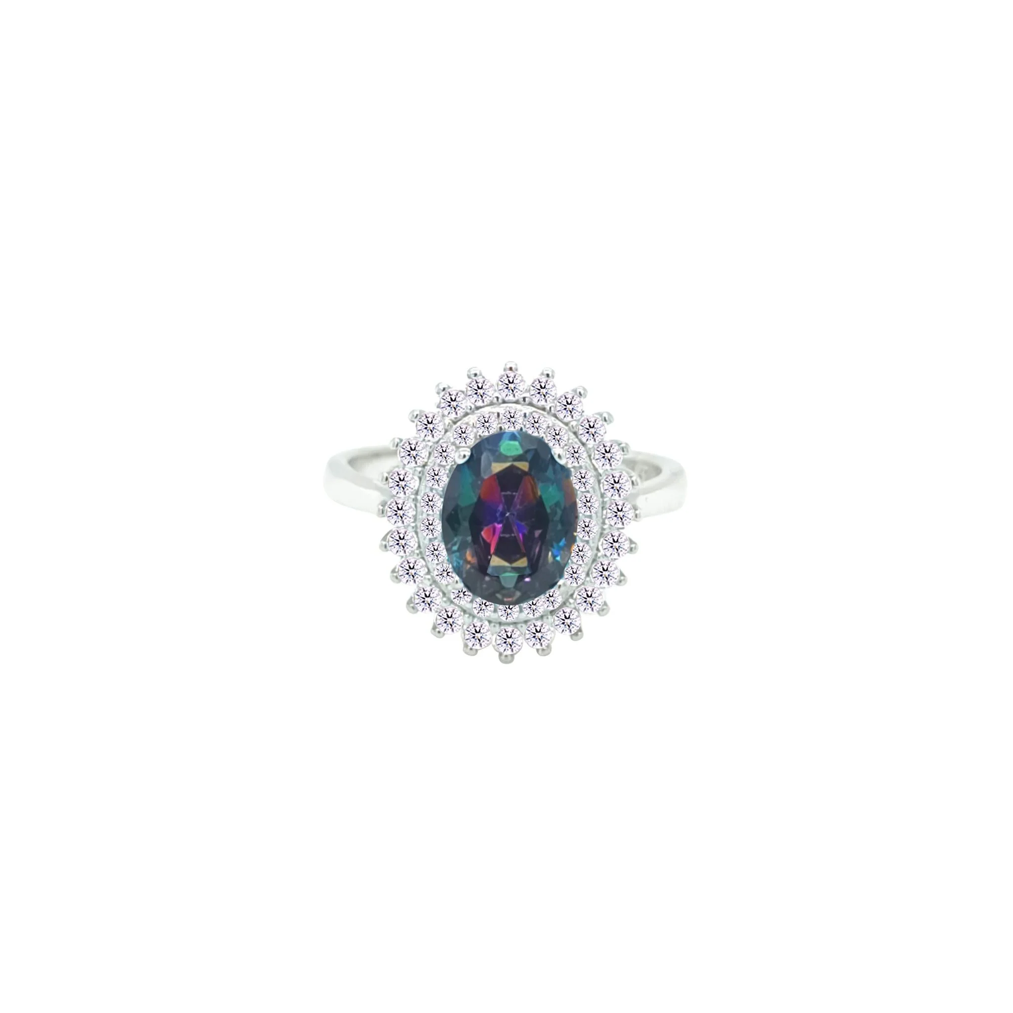 Asfour Crystal Drew Ring With Halo Multi Color Oval Design In 925 Sterling Silver-RD0213-WAP-7 - Image 2