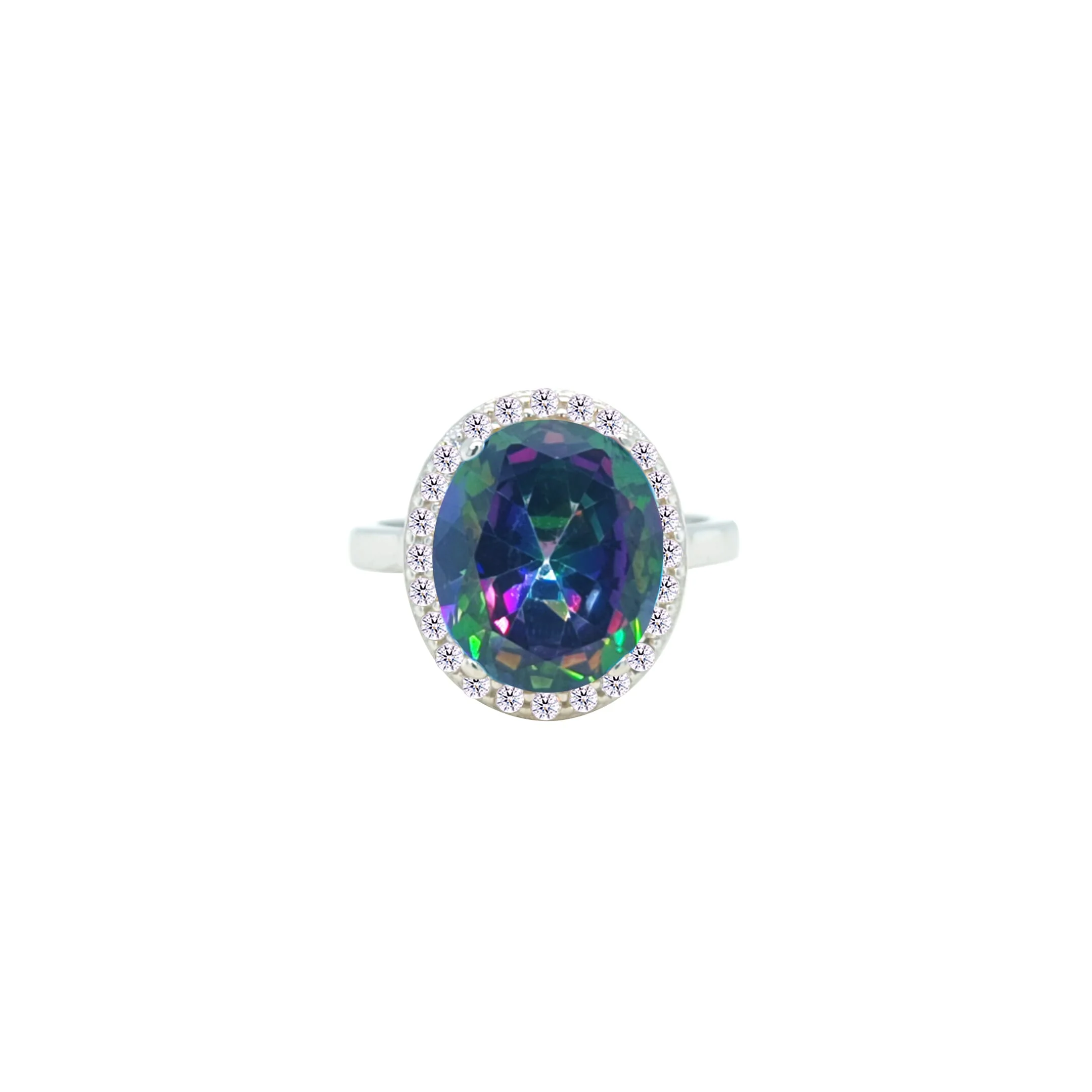 Asfour Crystal Drew Ring With Halo Multi Color Oval Design In 925 Sterling Silver-RD0214-AP-9 - Image 2