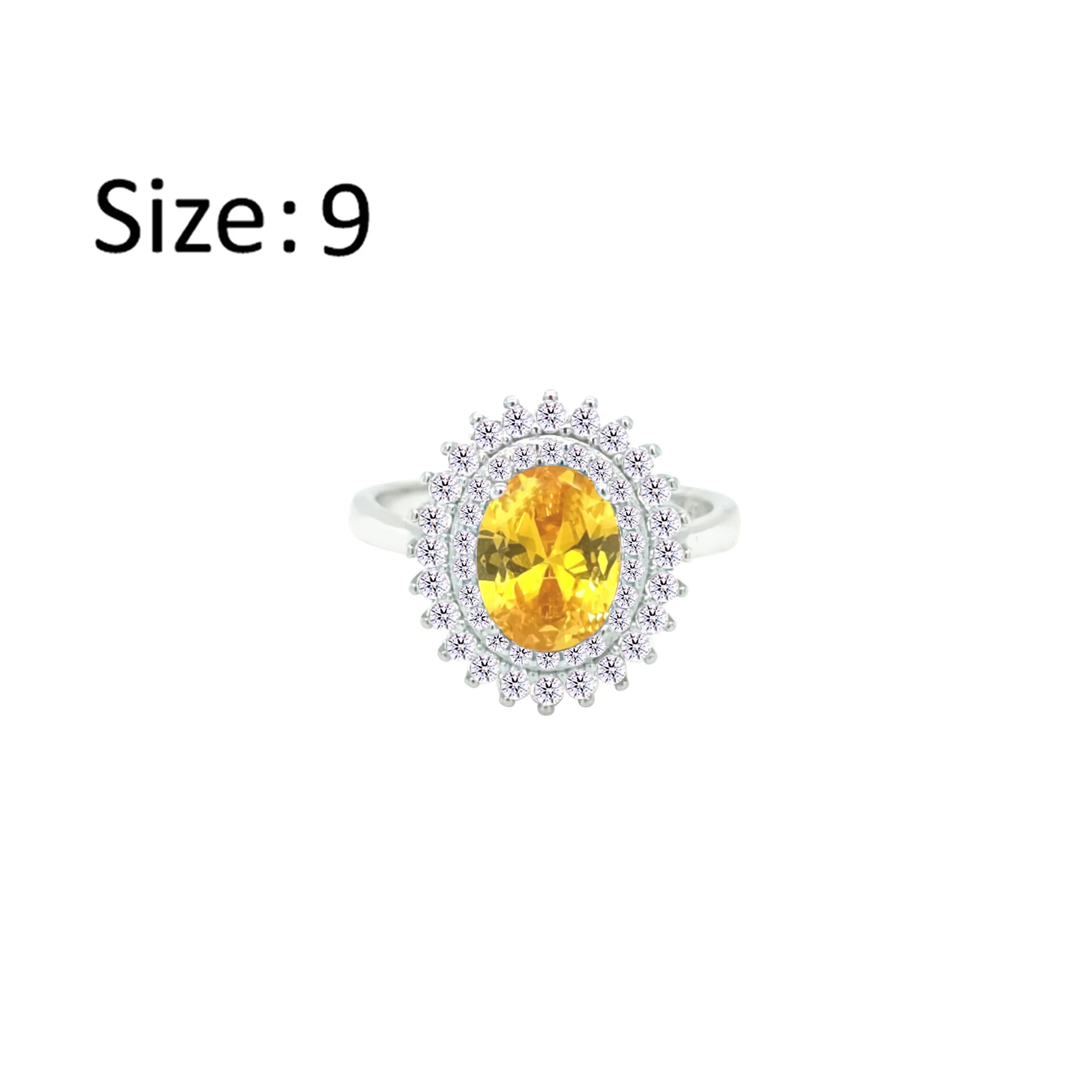 Asfour Crystal Drew Ring With Halo Yellow Oval Design In 925 Sterling Silver-RD0213-WY-9