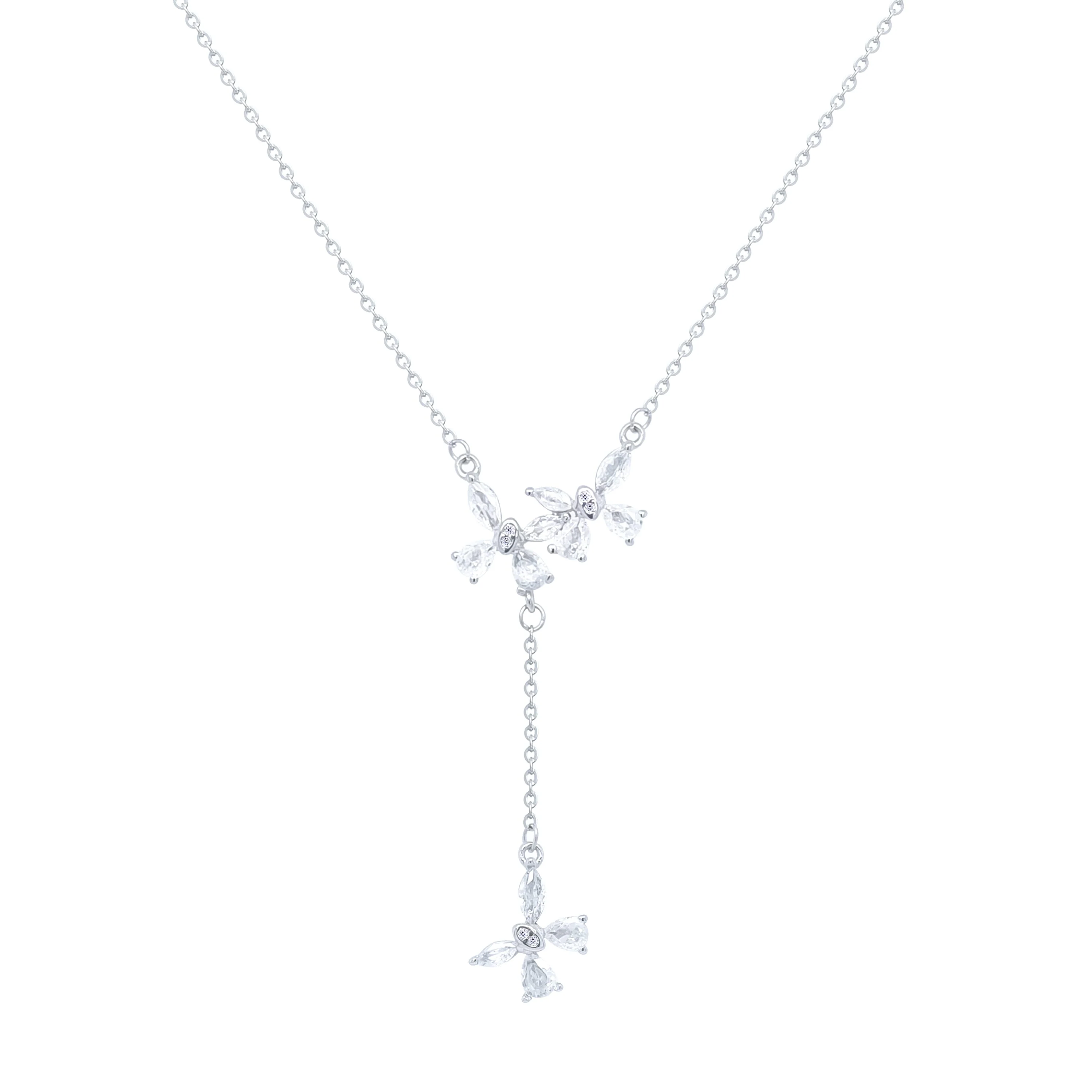 Asfour Crystal Drop Chain Necklace With Butterfly Design In 925 Sterling Silver-ND0536 - Image 2